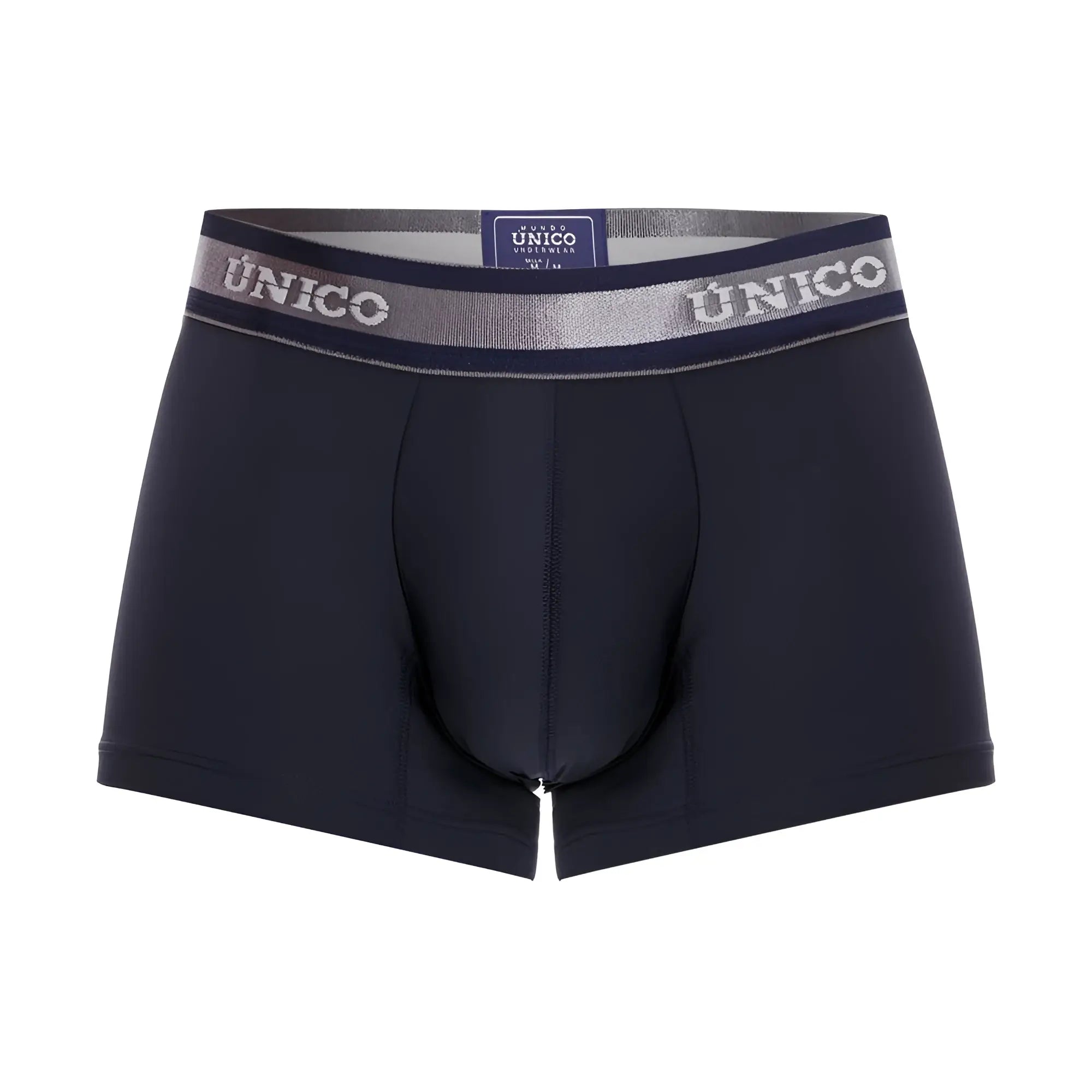 Black unico men’s boxer briefs with silver and navy waistband featuring unico brand name in white lettering
