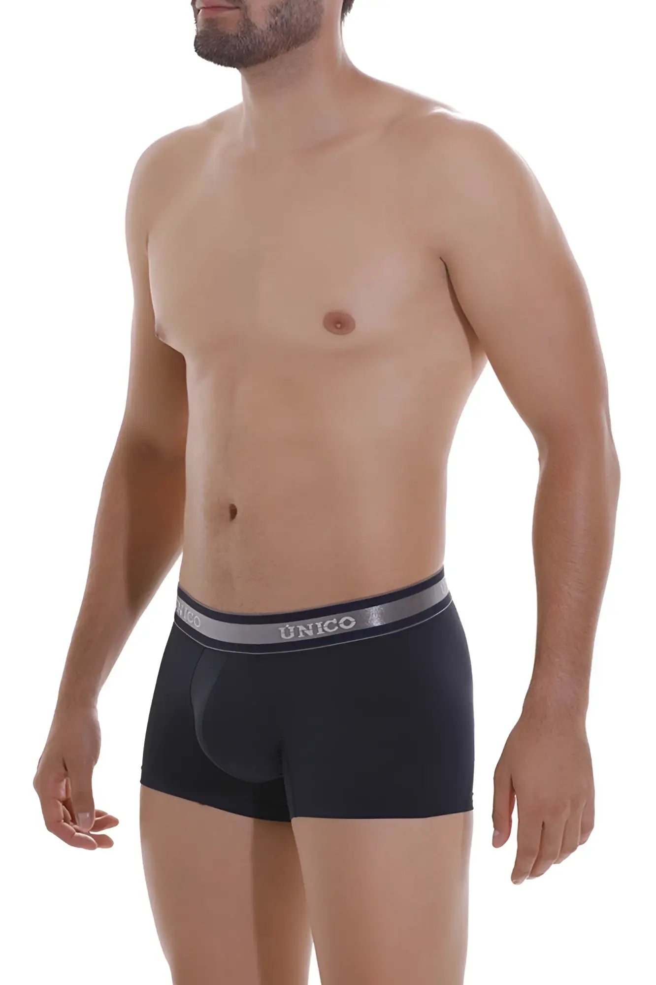 Black unico men’s boxer briefs with gray waistband featuring brand name in white lettering color 82 dark blue