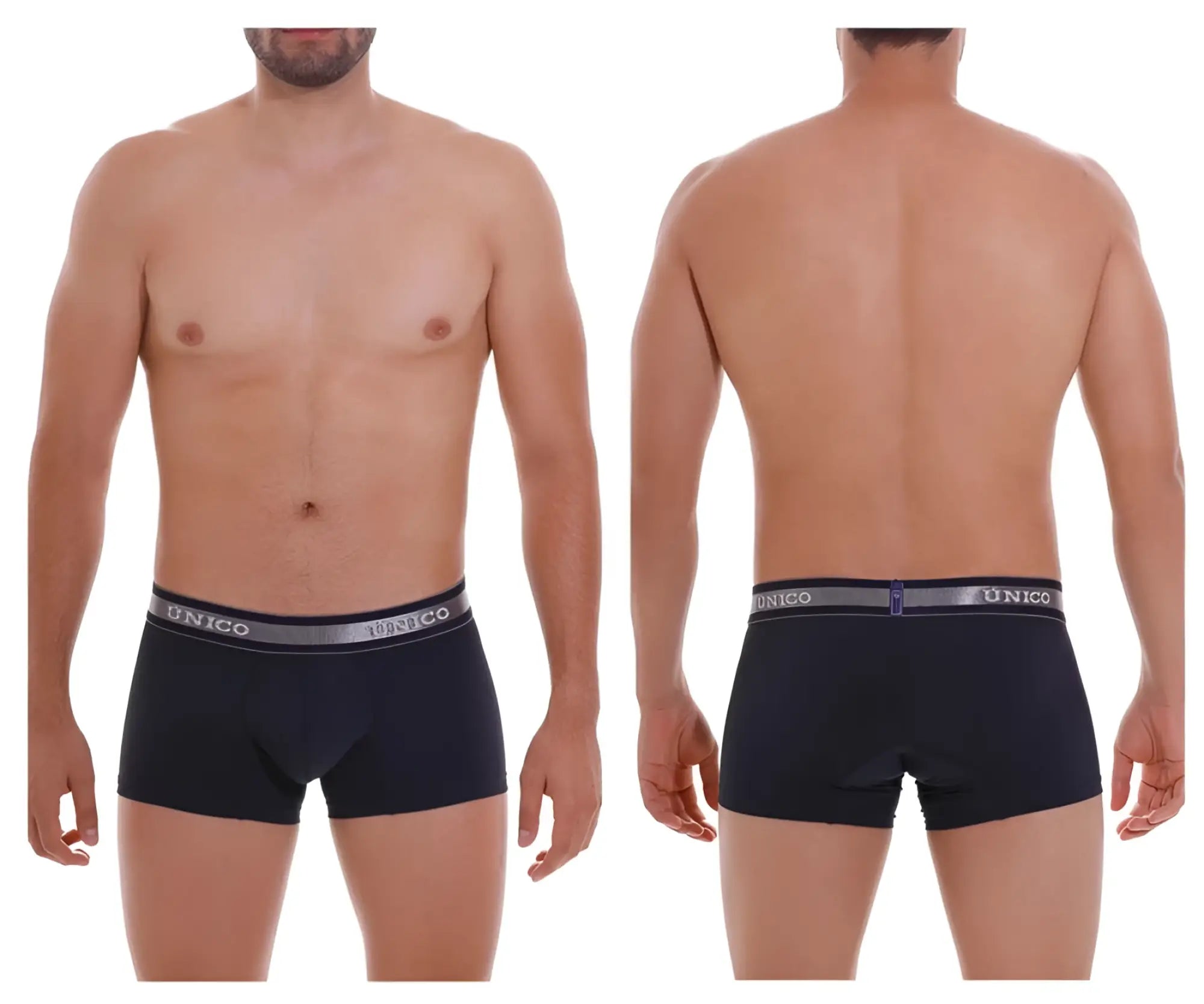 Black unico men’s briefs with gray elastic waistband featuring unico brand name in white lettering color 82-dark blue