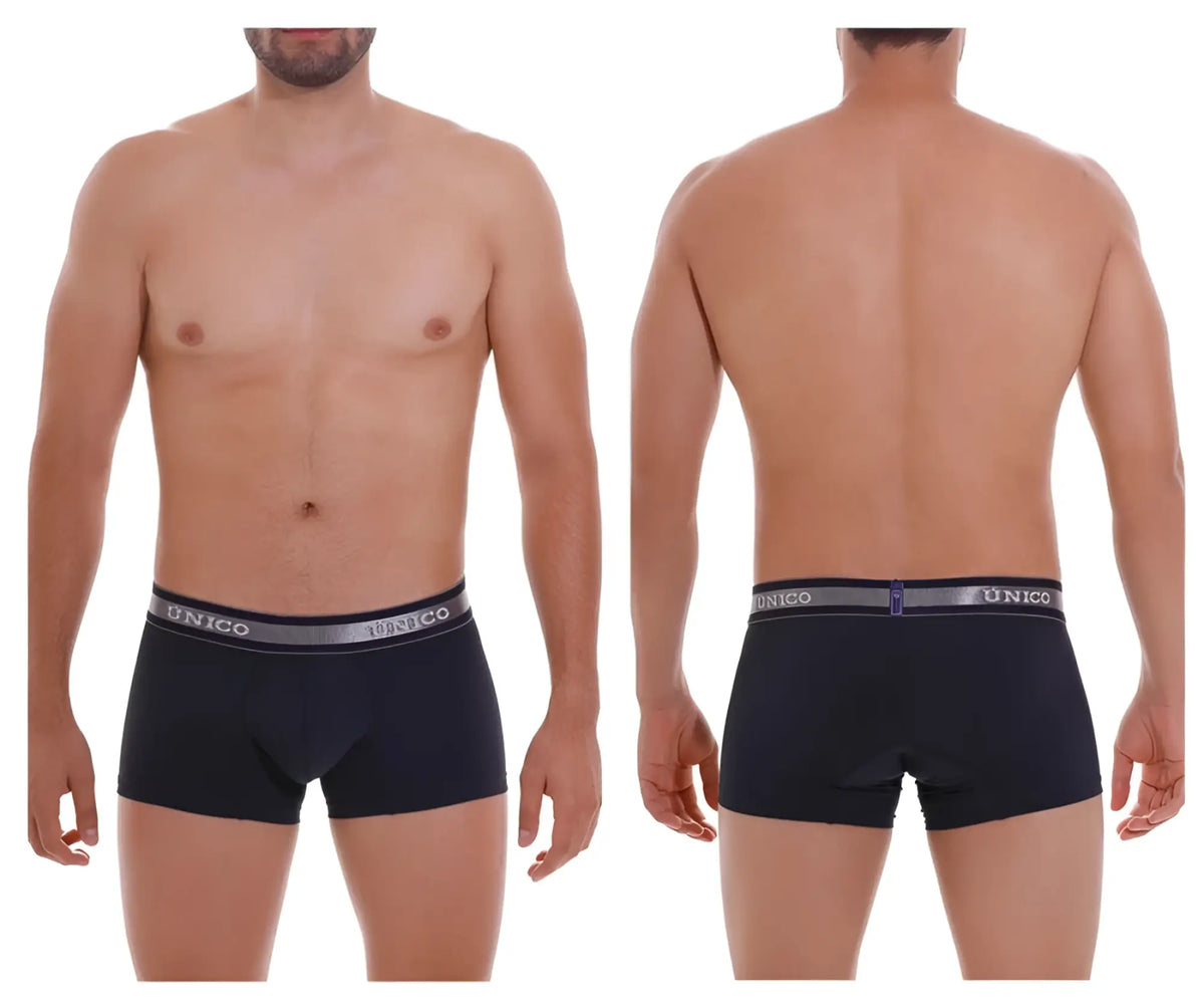 Black unico men’s briefs with gray elastic waistband featuring unico brand name in white lettering color 82-dark blue