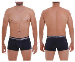 Black unico men’s briefs with gray elastic waistband featuring unico brand name in white lettering color 82-dark blue