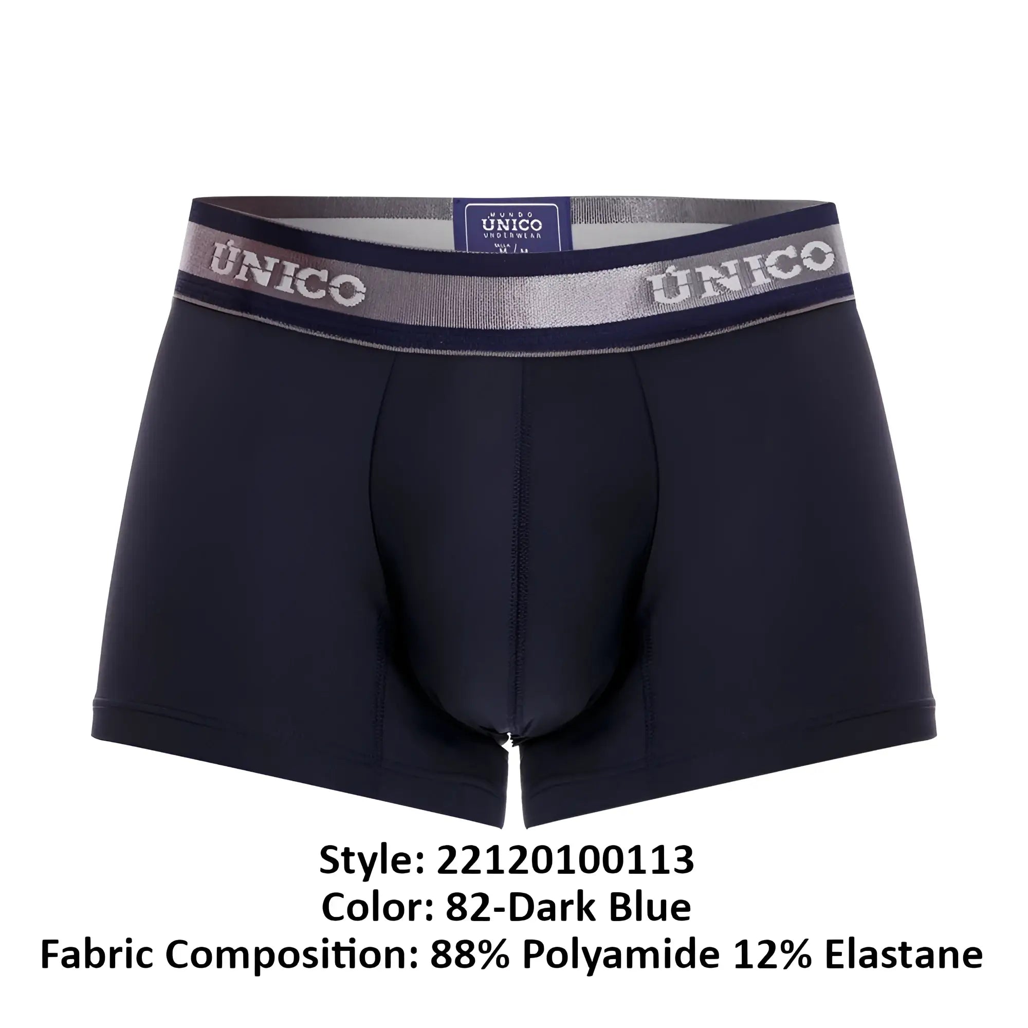 Dark blue unico men’s boxer briefs with a silver and navy waistband featuring the brand name in white lettering