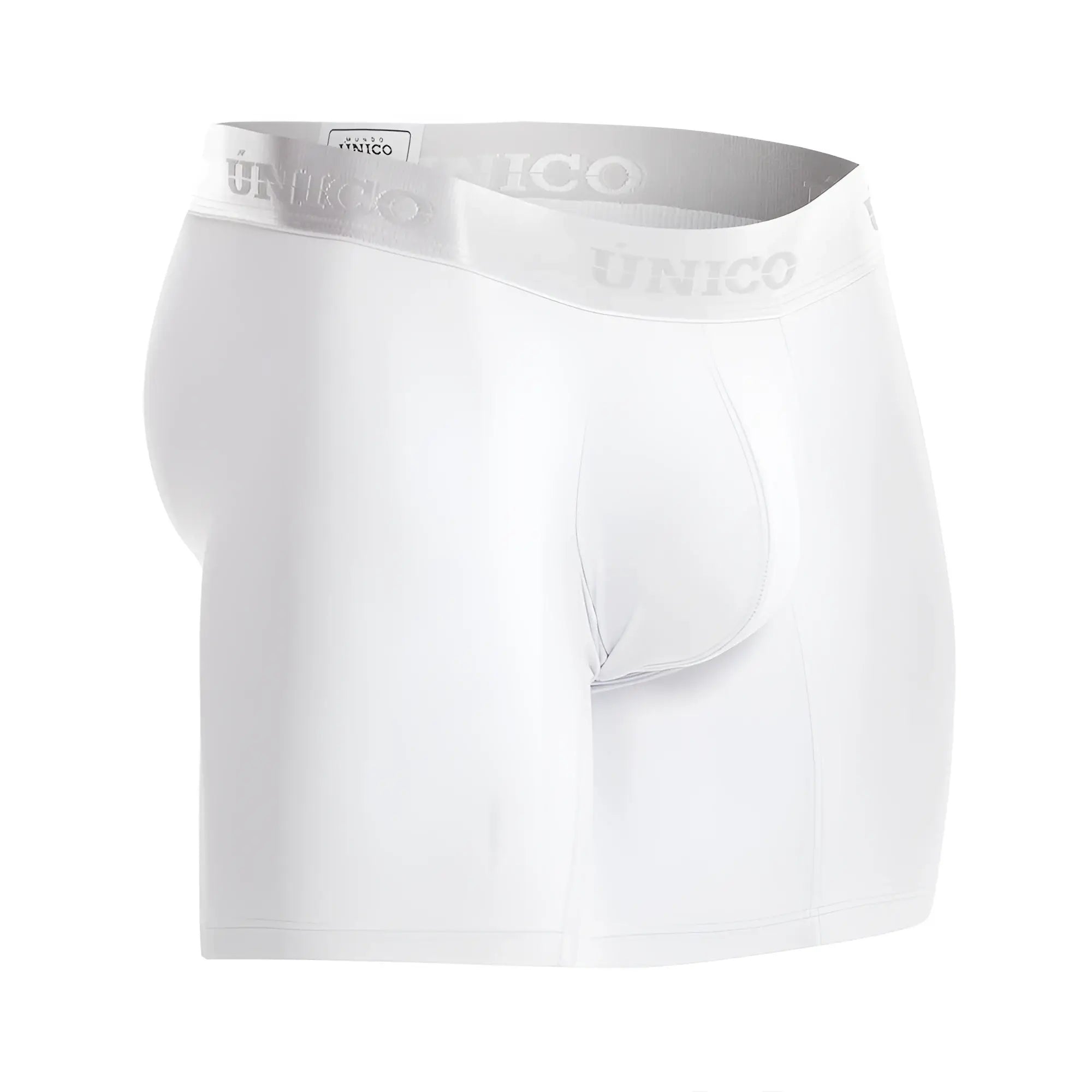 White unico men’s boxer briefs cristalino with subtle gray waistband featuring the brand name in front view