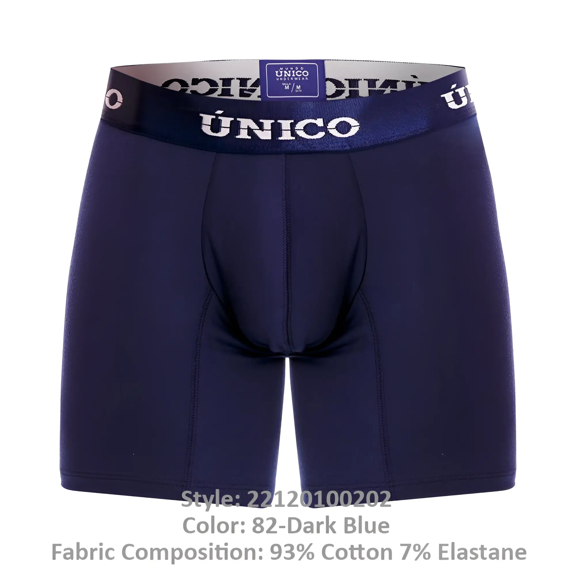 Dark blue unico 22120100202 profundo a22 men’s boxer briefs with navy waistband featuring white brand name