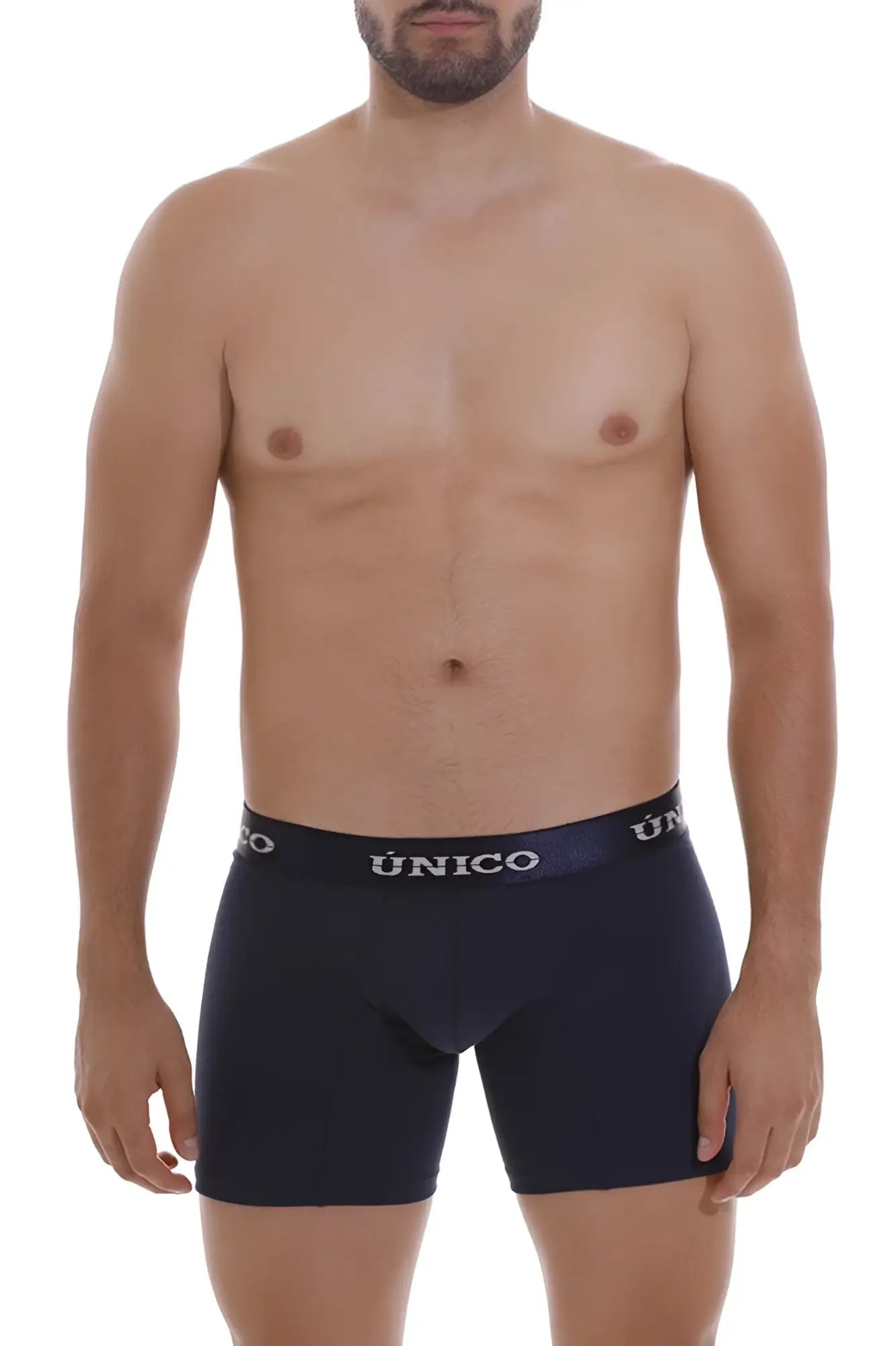 Navy blue Unico Profundo A22 boxer briefs with white logo waistband in color 82-dark blue front view