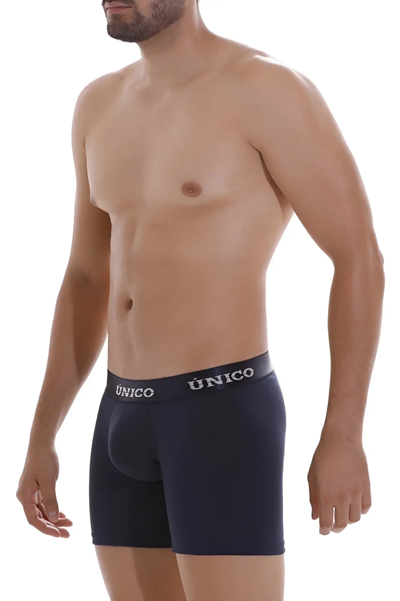 Dark navy blue unico boxer briefs with white logo band designed for comfort and style in Profundo A22 collection