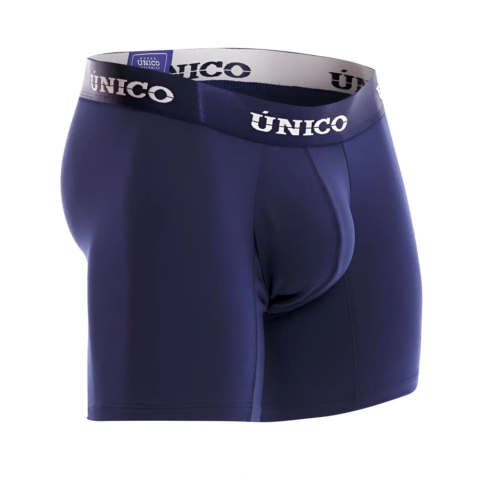 Navy blue unico 22120100202 profundo boxer briefs with white and dark gray waistband featuring unico logo