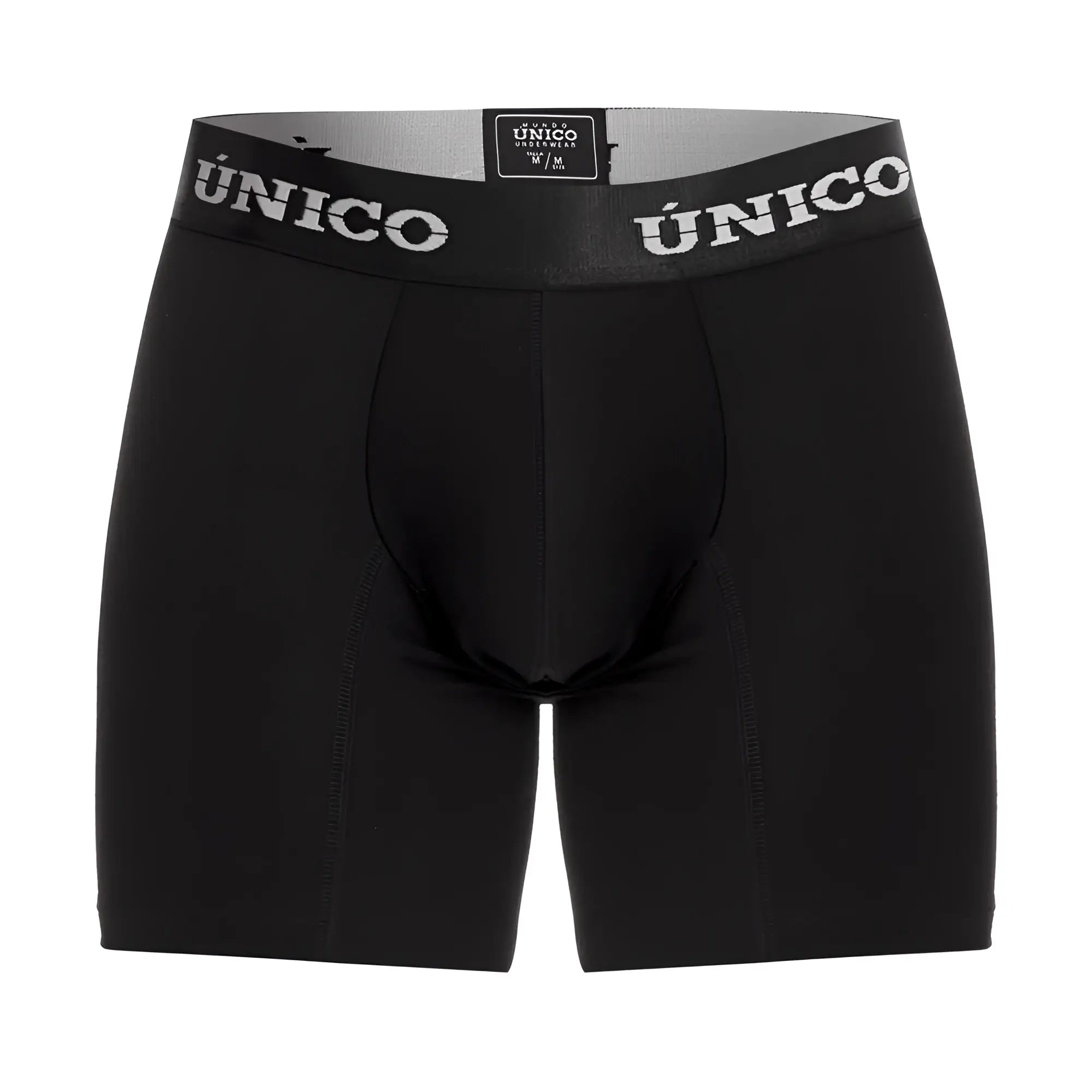 Black unico men’s boxer briefs with gray waistband and white unico branding in product intenso 22120100203 color 99-black
