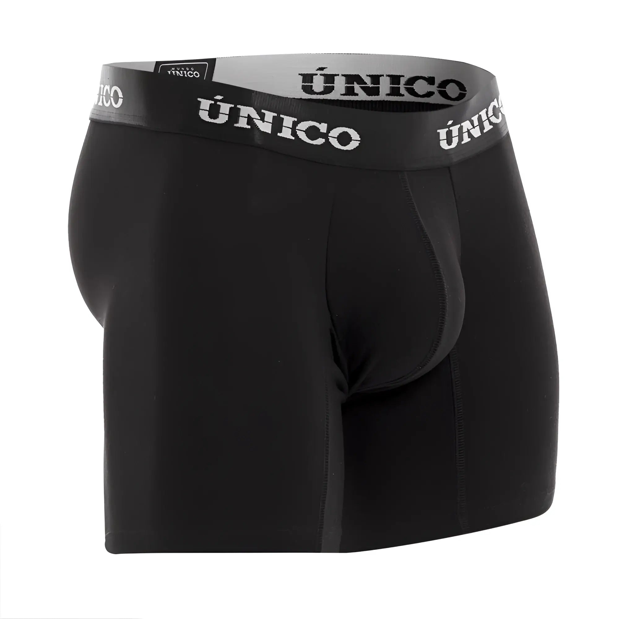 Black único boxer briefs in black with a gray waistband featuring white único lettering for everyday comfort