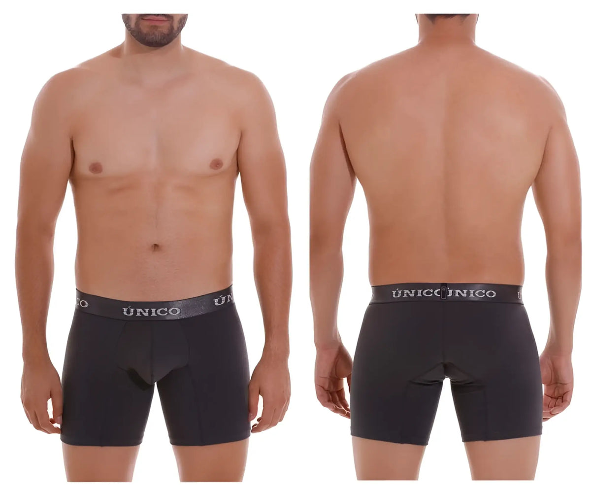Black unico boxer briefs in dark gray with gray elastic waistband and white unico logo for comfortable everyday wear