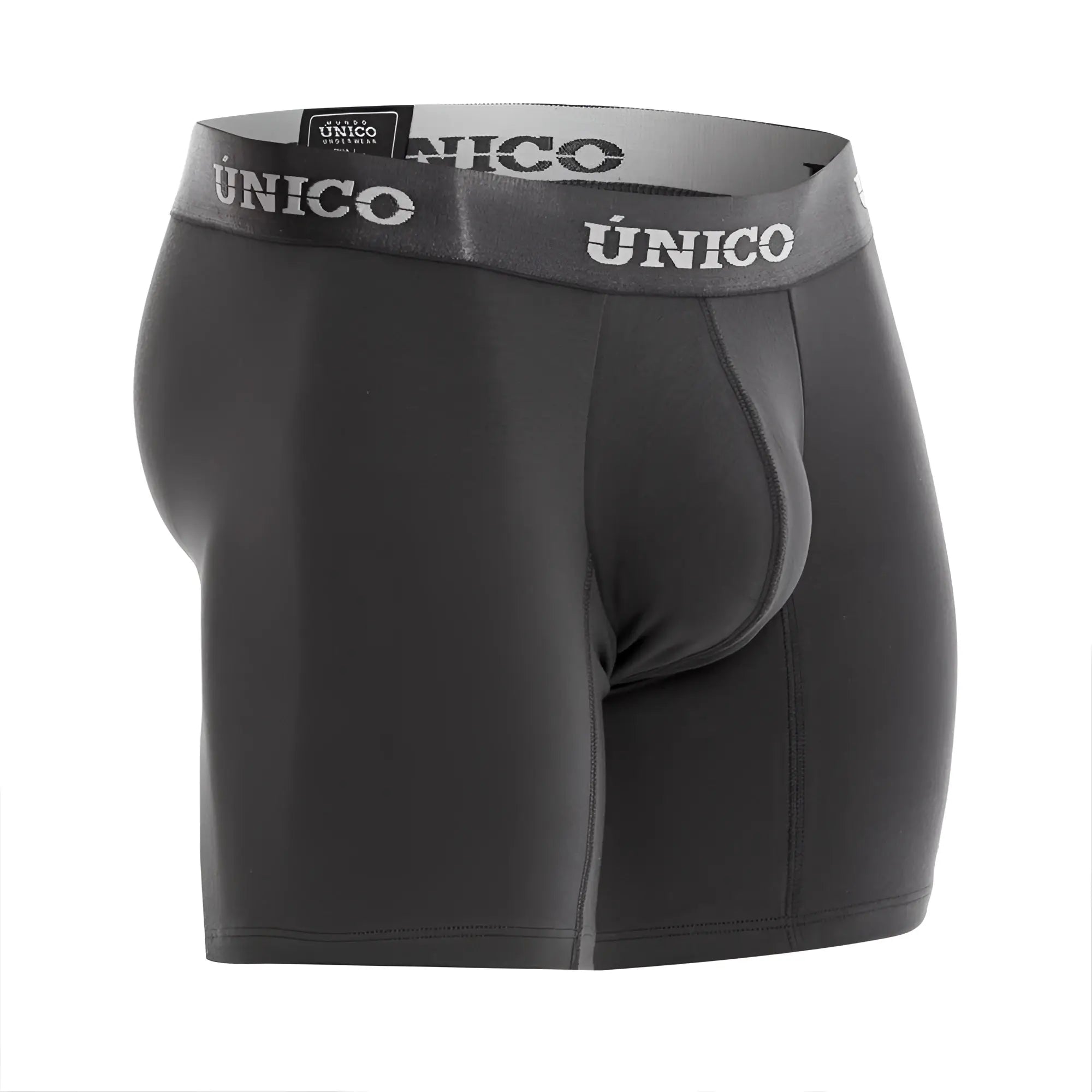 Black unico men’s boxer briefs with gray waistband and blanco unico logo in dark gray color for everyday comfort