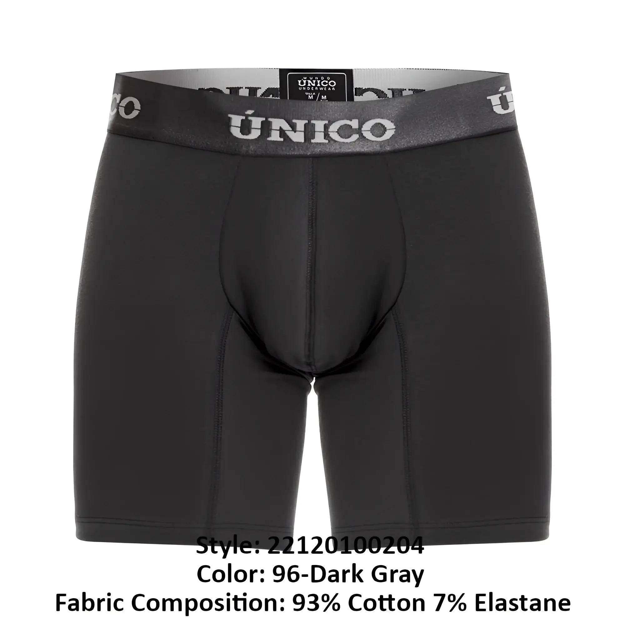 Black unico men’s boxer briefs in dark gray with a gray waistband featuring white unico branding