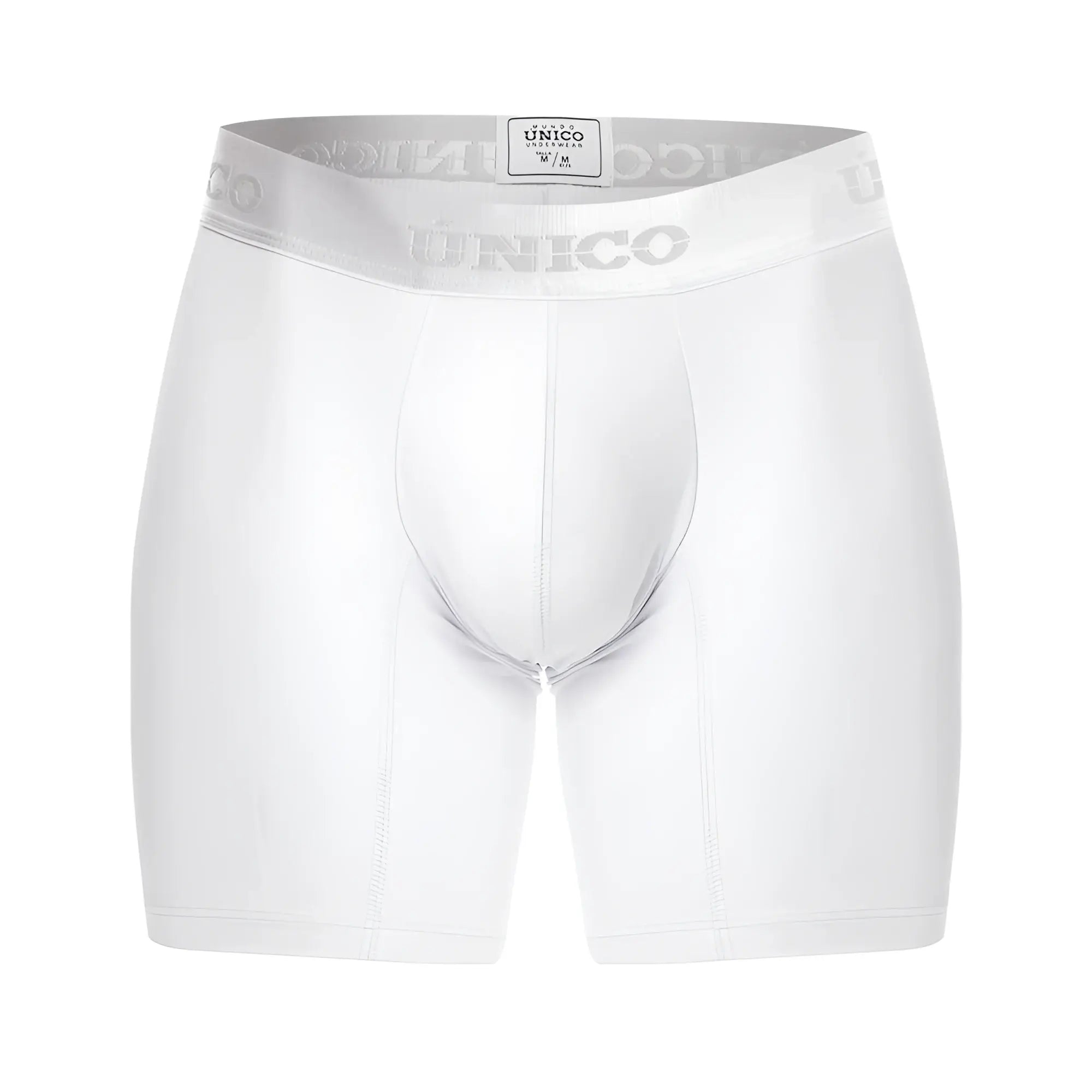 White unico men’s boxer briefs with silver elastic waistband branded unico ideal for everyday comfort and style