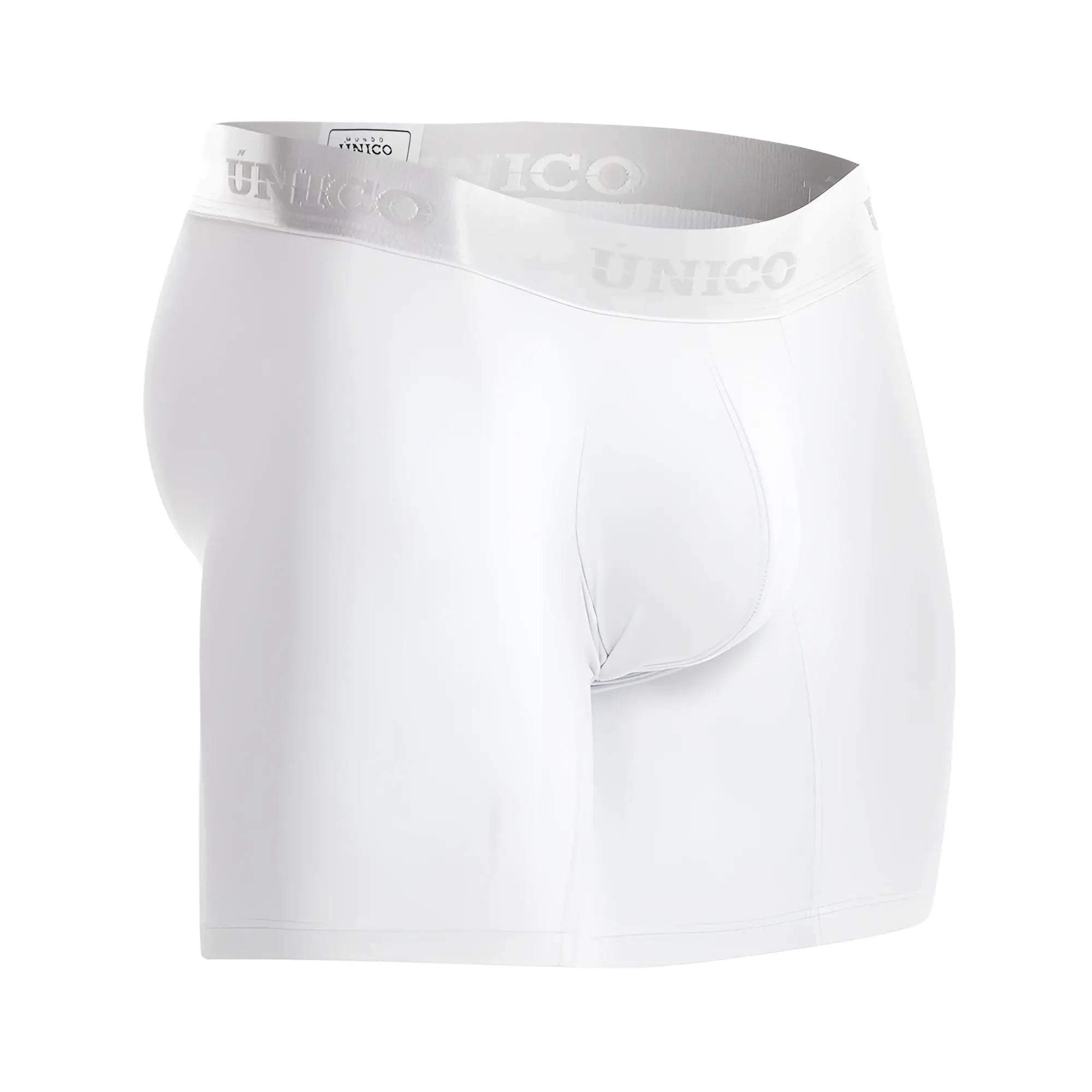 White unico men’s boxer briefs with a subtle gray waistband featuring the brand name crisp and comfortable design