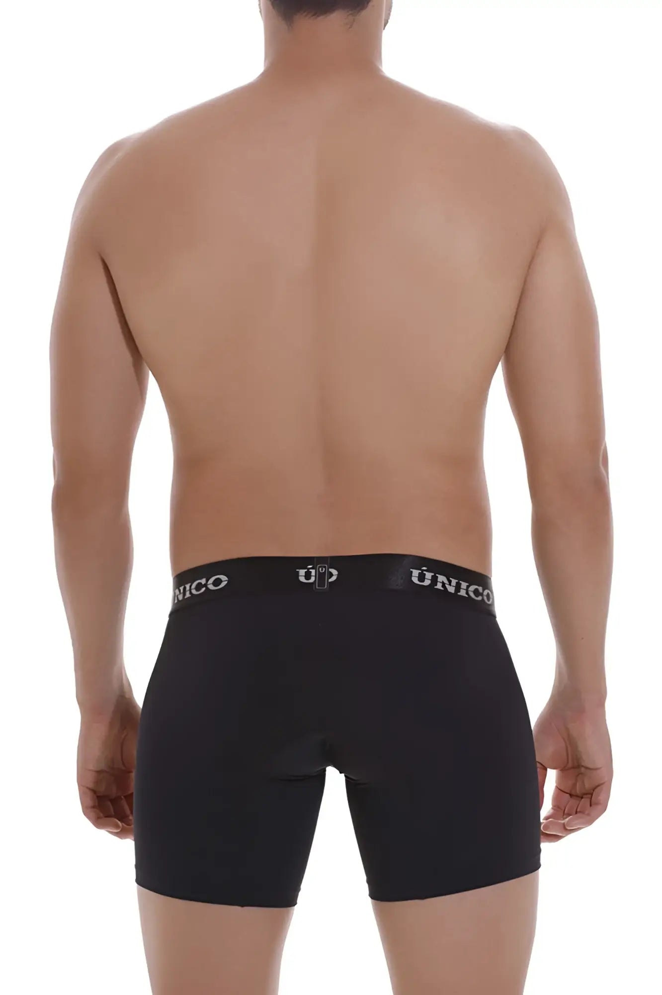 Black unico men’s boxer briefs intenso m22 with snug fit and elastic waistband featuring brand name in white lettering