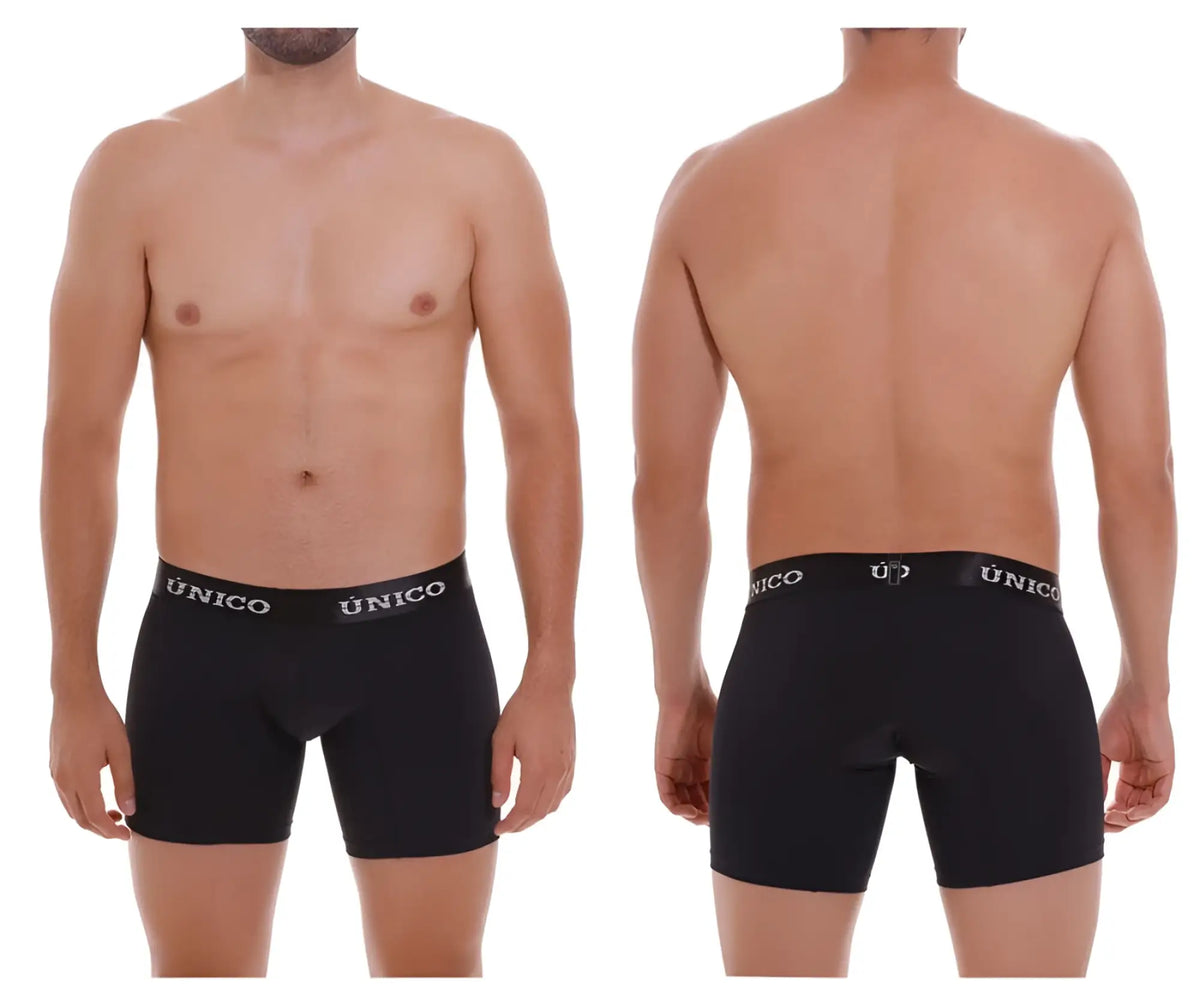 Black unico men’s boxer briefs with a snug fit and elastic waistband featuring unico logo in white lettering
