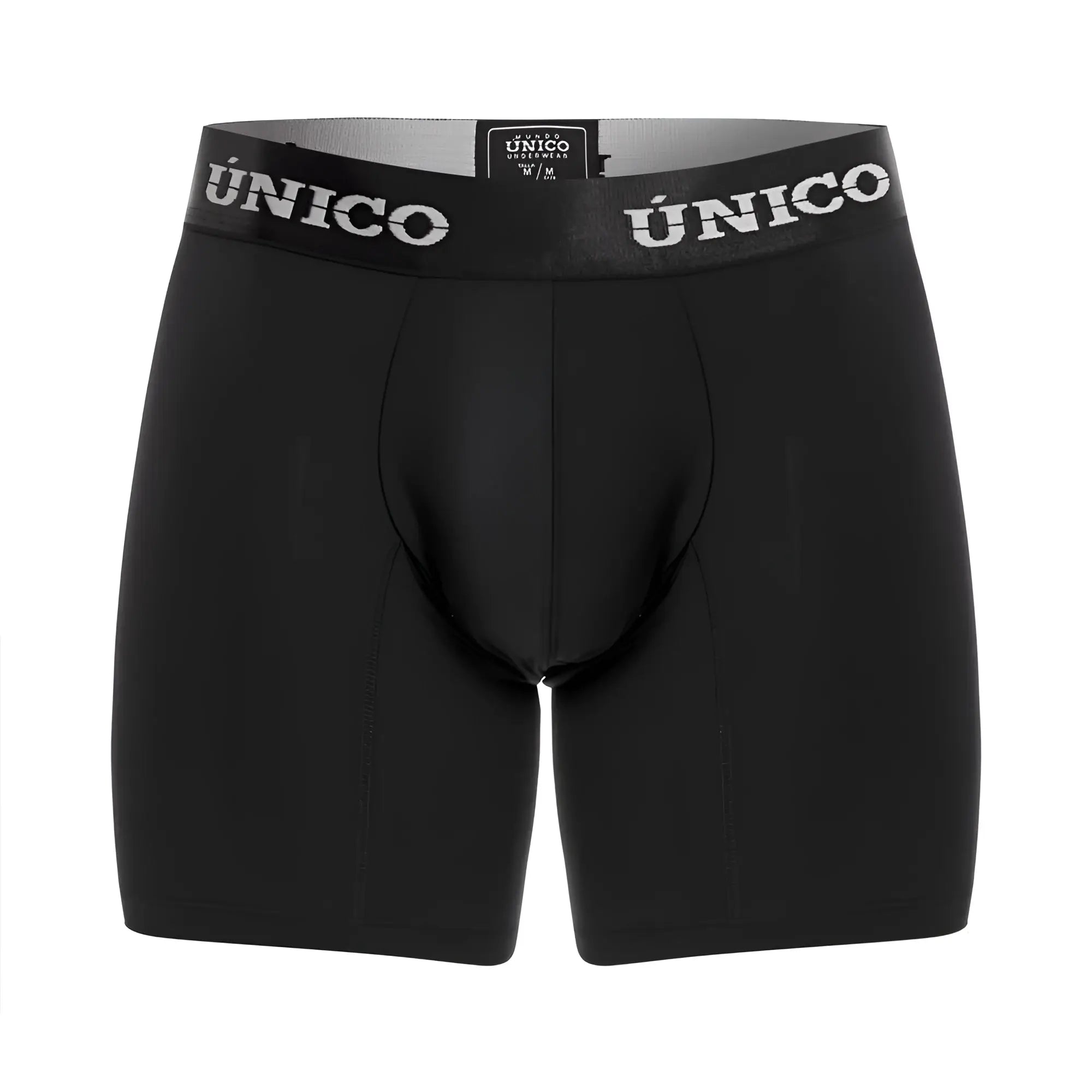 Black unico men’s boxer briefs with a snug elastic waistband displaying the brand name in white lettering color black