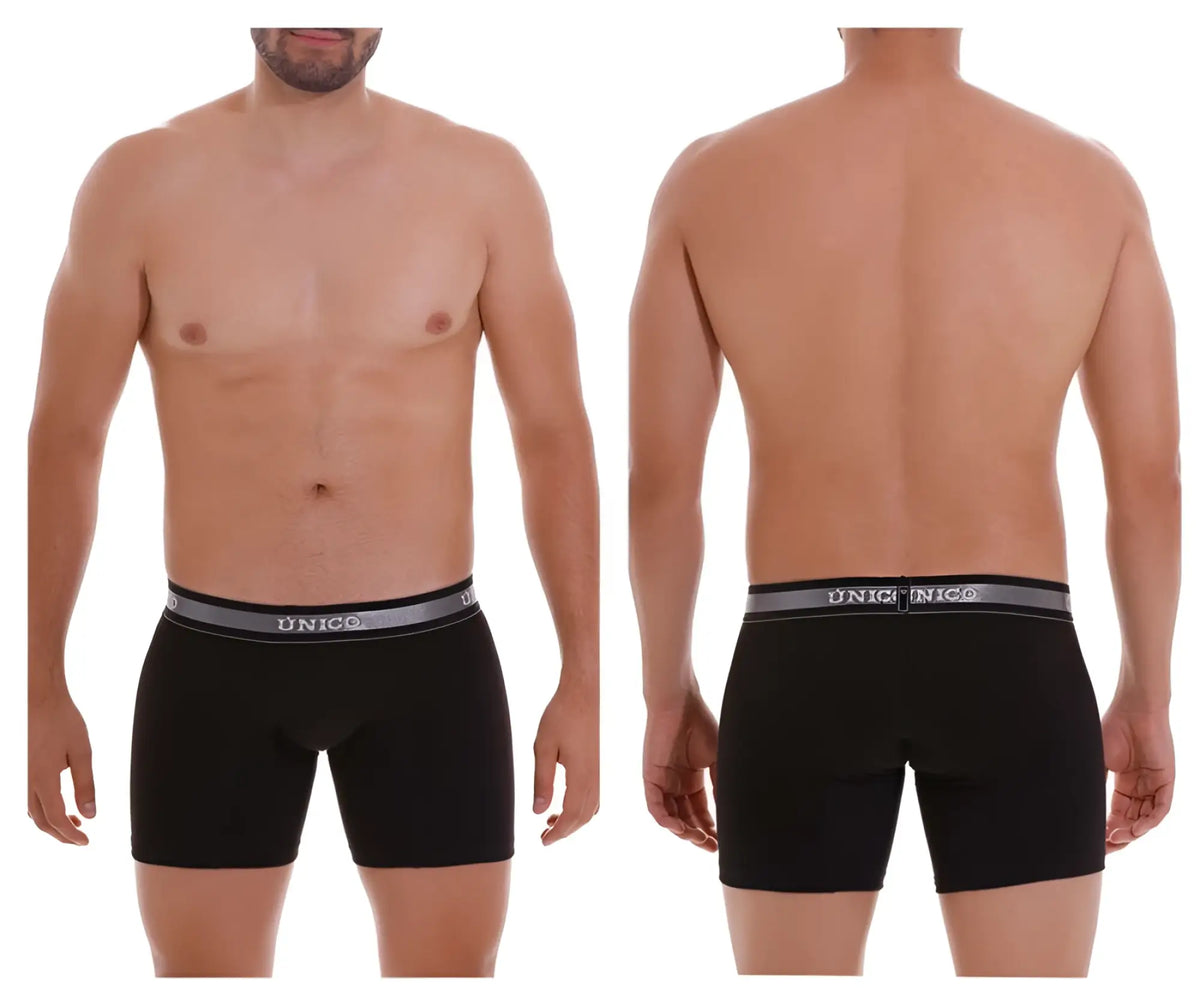 Black unico mens boxer briefs with gray elastic waistband featuring unico logo in white color 99 black nebuloso a22