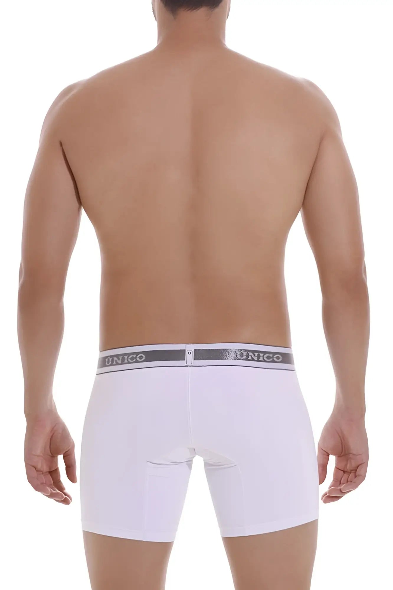 White unico brand men’s boxer briefs with gray elastic waistband and white brand lettering in lustre fabric color white
