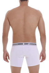 White unico brand men’s boxer briefs with gray elastic waistband and white brand lettering in lustre fabric color white