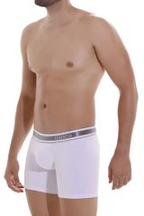 White unico lustre boxer briefs with gray elastic waistband and black brand lettering in size m22 color white