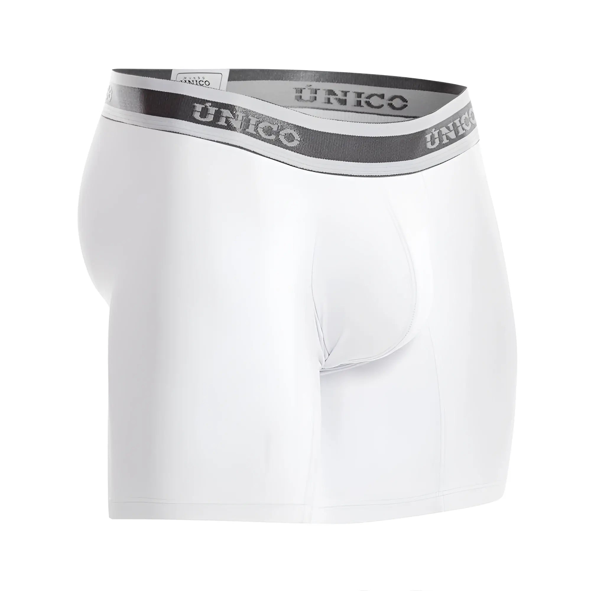 White unico men’s boxer briefs with gray and white striped waistband featuring brand name in lustre m22 fabric