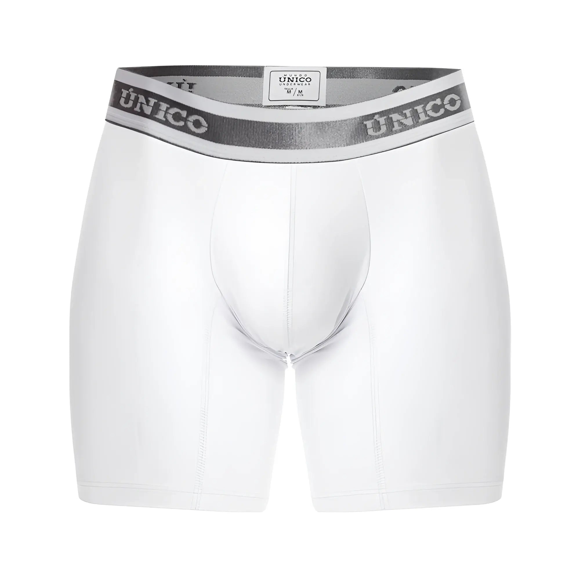 White unico men’s boxer briefs with gray elastic waistband and bold brand name in lustre fabric color 00-white