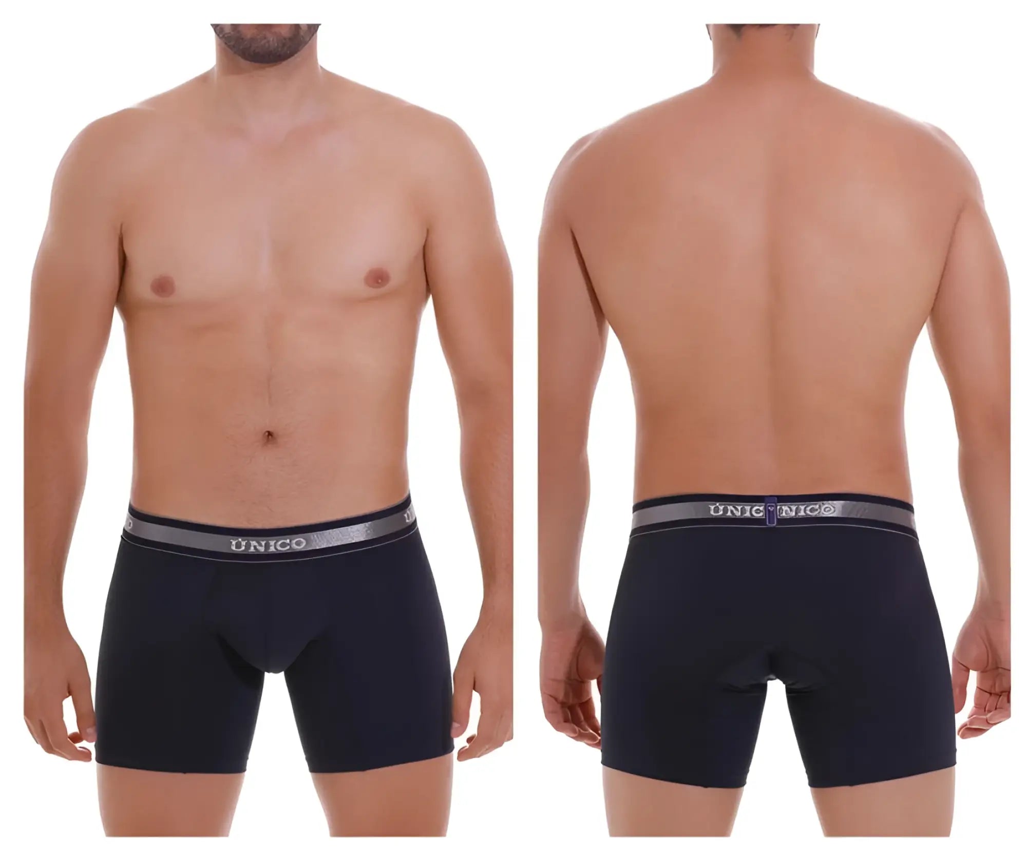 Black unico brand men’s boxer briefs with gray elastic waistband and silver unico logo in dark blue color
