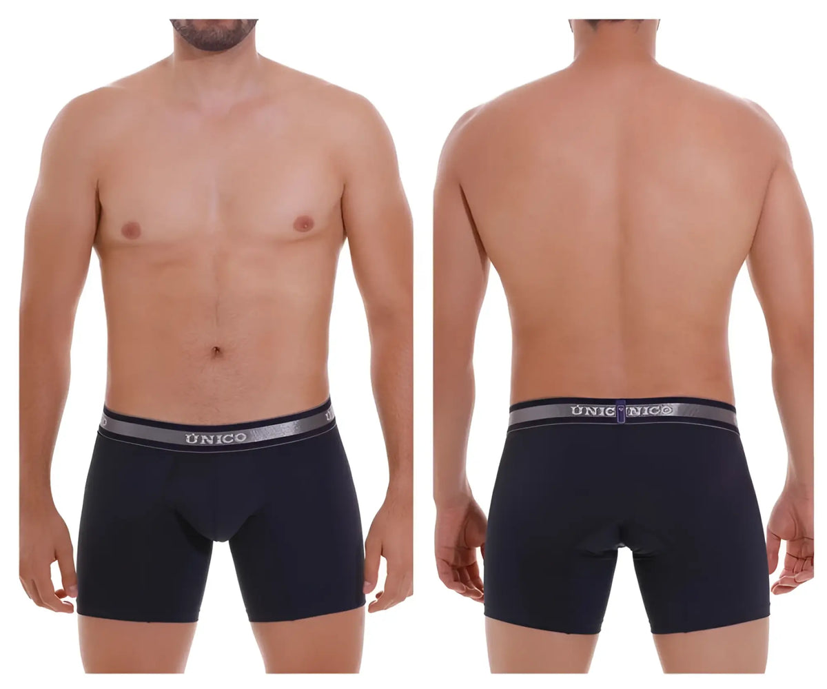 Black unico brand men’s boxer briefs with gray elastic waistband and silver unico logo in dark blue color