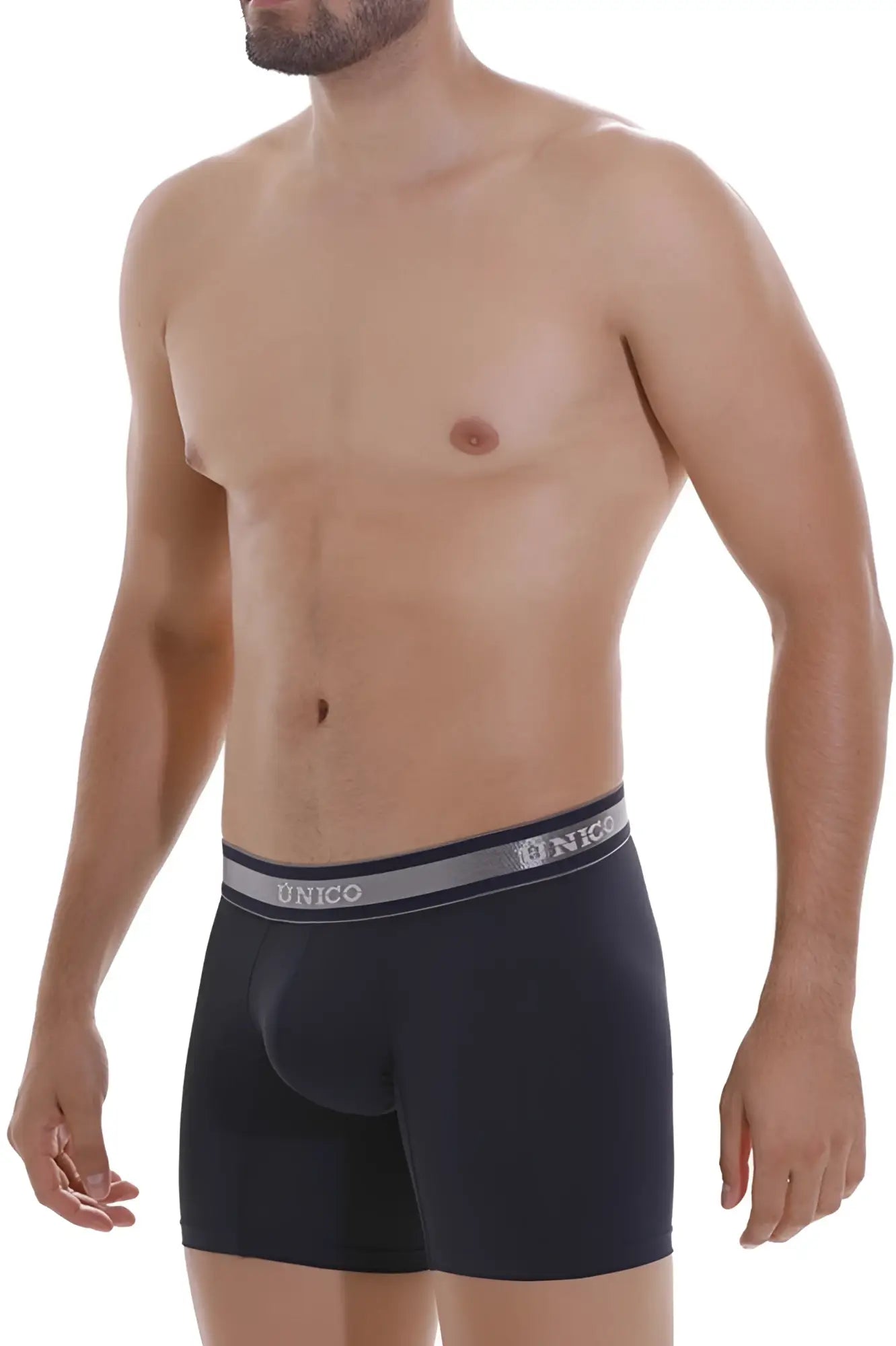 Black unico boxer briefs with gray waistband and white brand name lettering, dark blue color, comfortable fit
