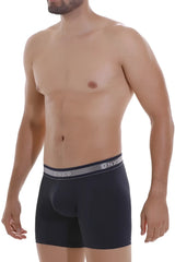 Black unico boxer briefs with gray waistband and white brand name lettering, dark blue color, comfortable fit
