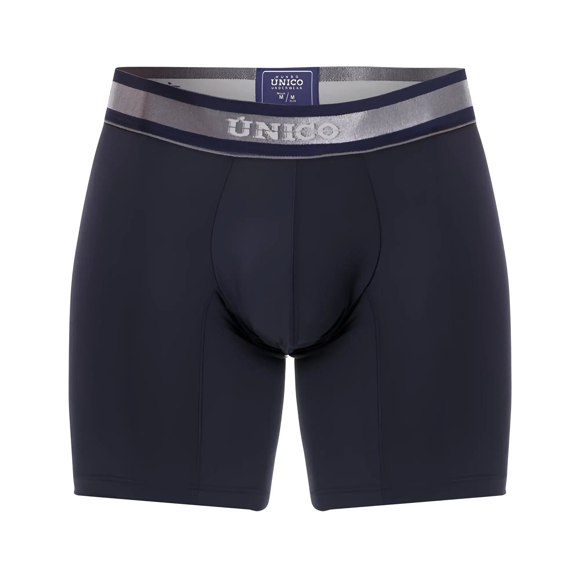 Dark navy blue unico men’s boxer briefs with silver gray elastic waistband featuring brand logo color 82 dark blue
