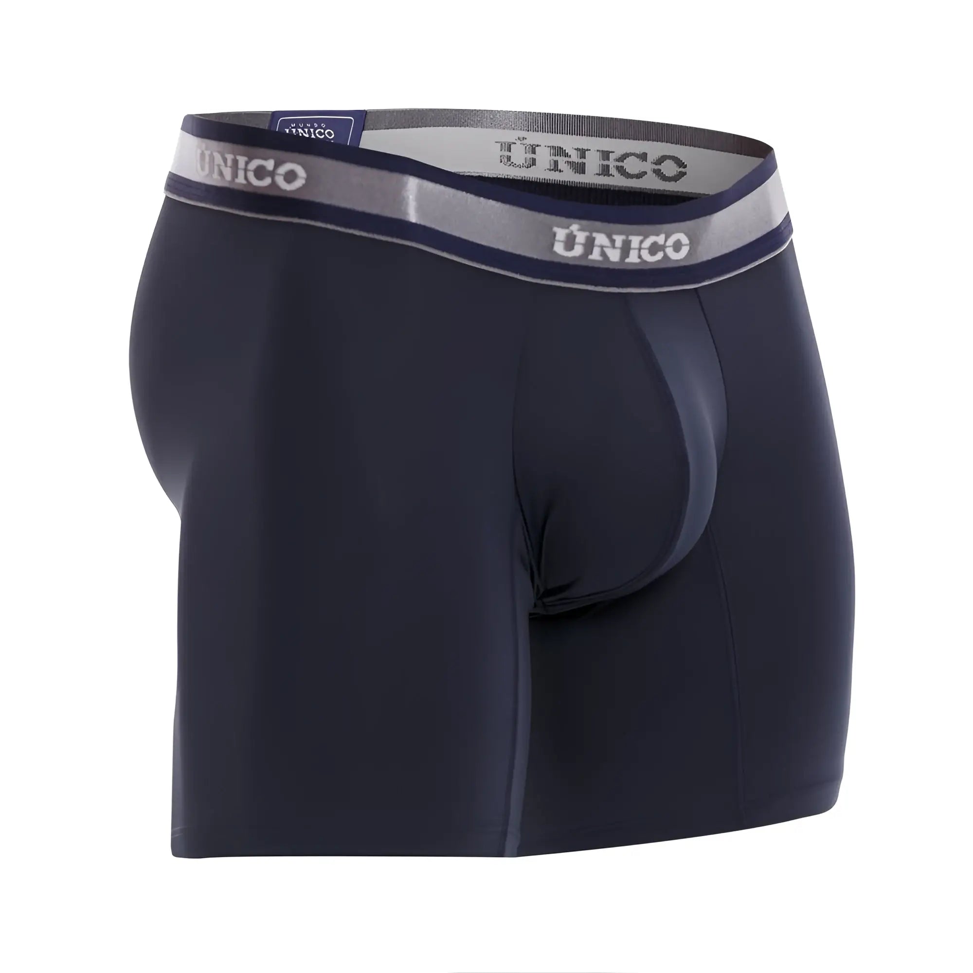 Dark navy unico men’s boxer briefs with gray and white elastic waistband featuring brand name cardinal m22