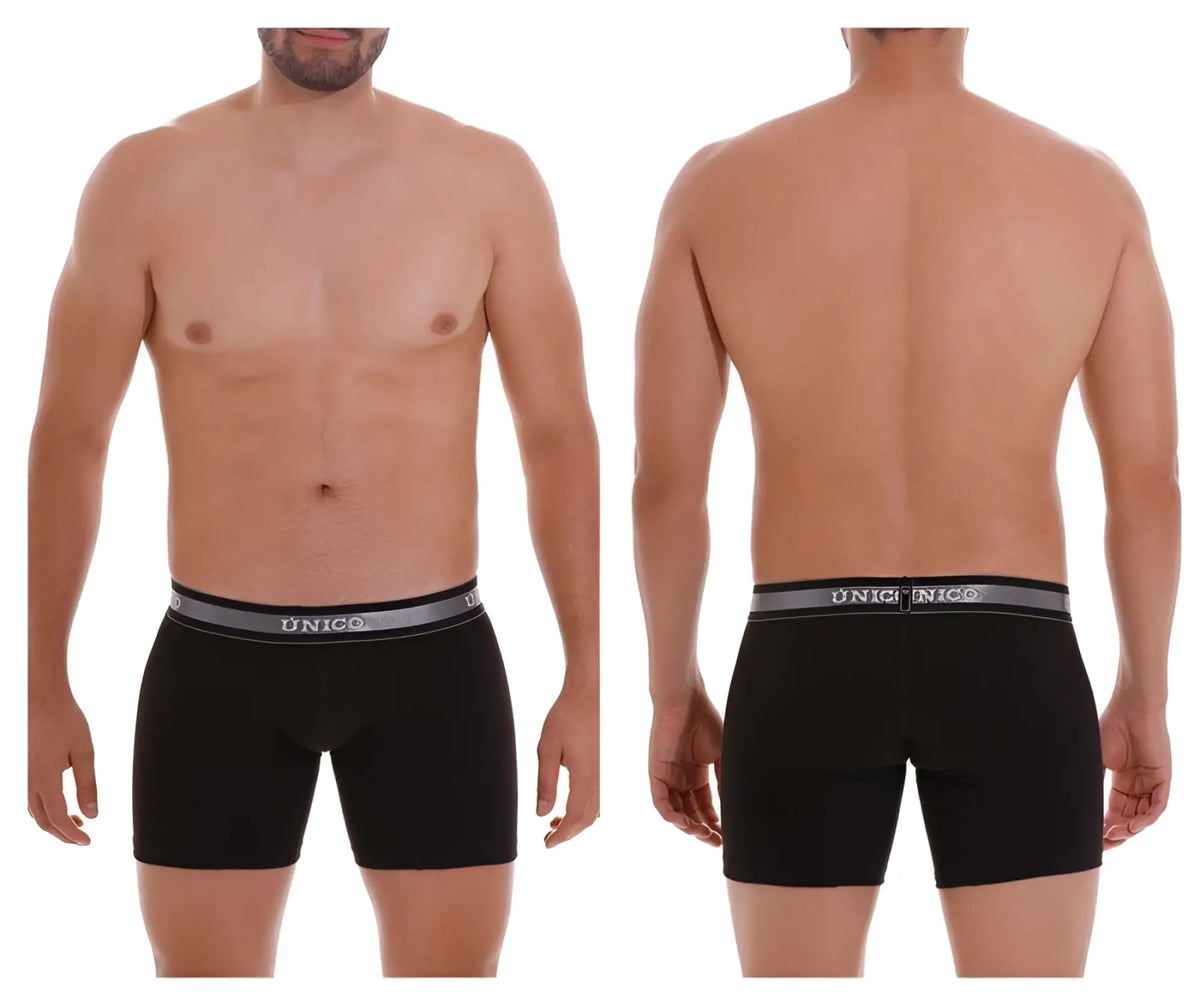 Black unico men’s boxer briefs with gray elastic waistband featuring unico logo model nebuloso m22 color 99-black
