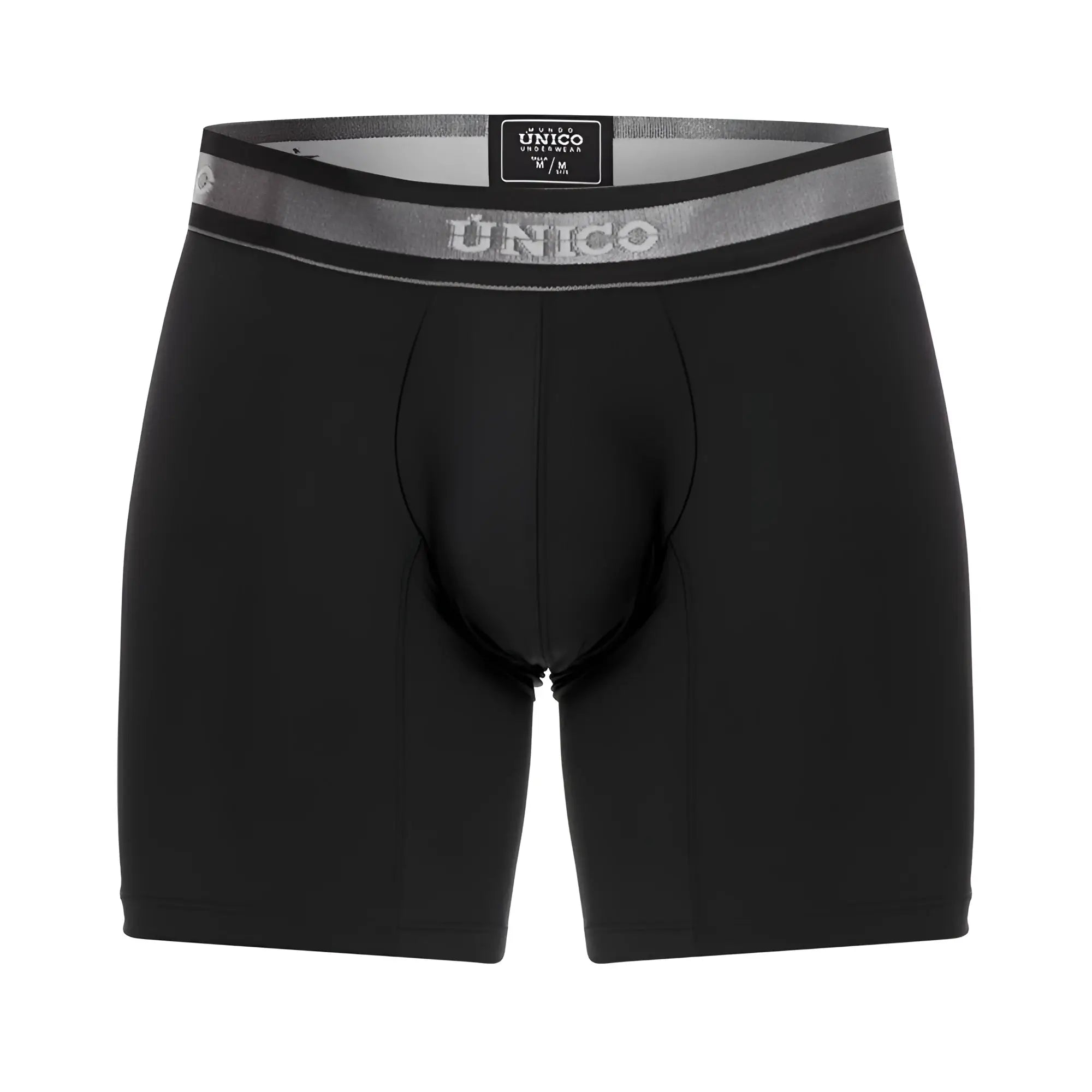 Black unico men’s boxer briefs with gray waistband featuring brand logo and size tag model nebuloso m22 color 99-black