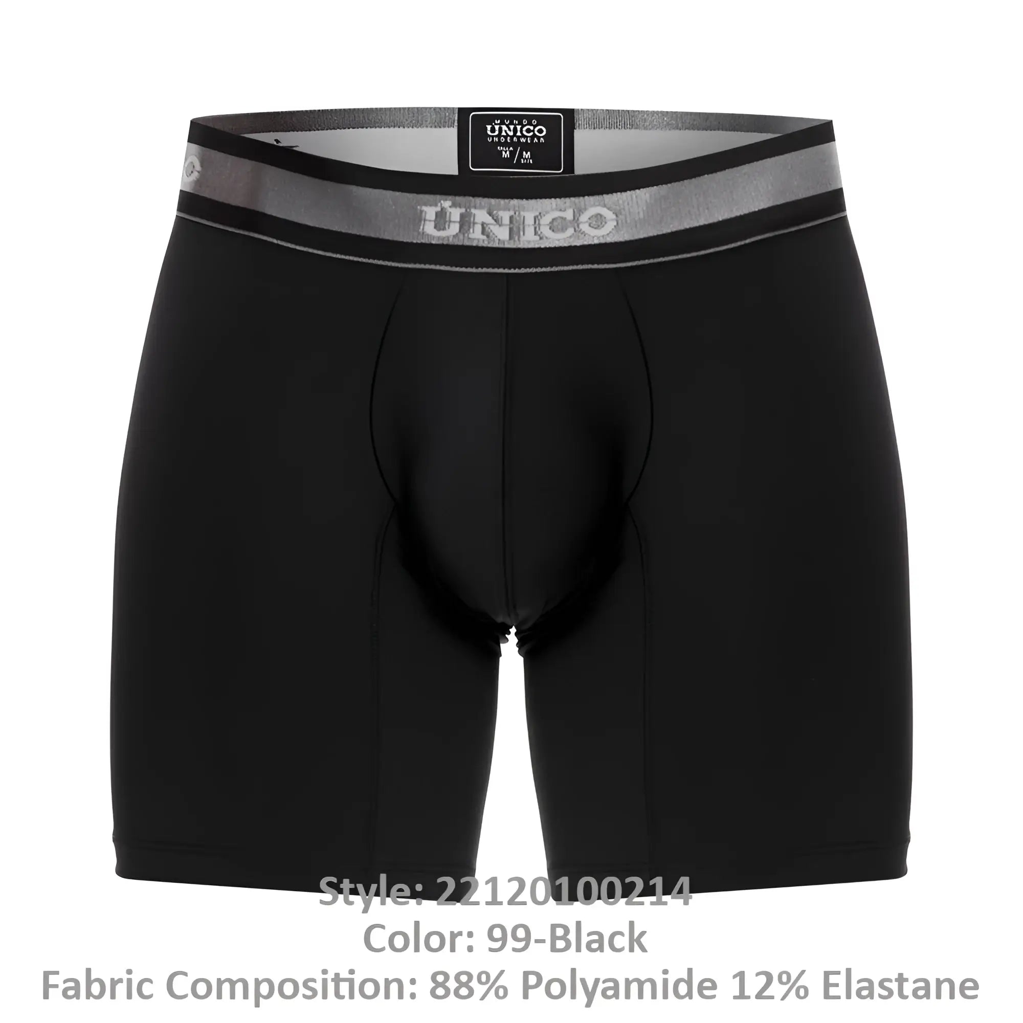Black unico mens boxer briefs with gray elastic waistband featuring brand logo and size label in color 99-black
