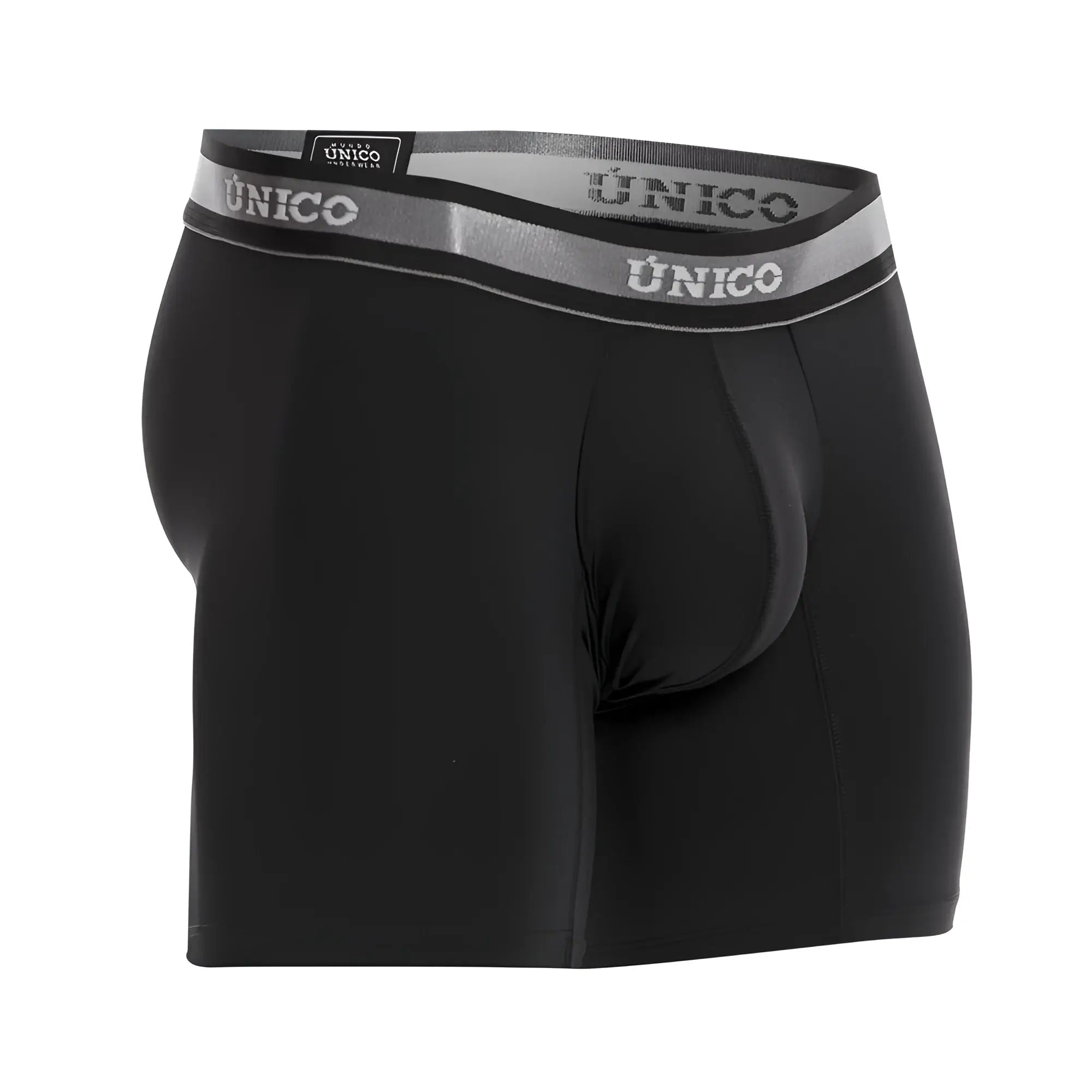 Black unico men’s boxer briefs with gray elastic waistband featuring unico brand name in white lettering