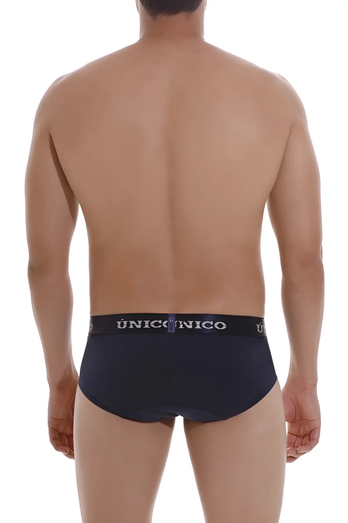 Black unico men’s briefs with white logo band in dark blue designed for comfort and style