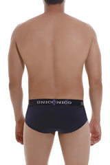 Black unico men’s briefs with white logo band in dark blue designed for comfort and style
