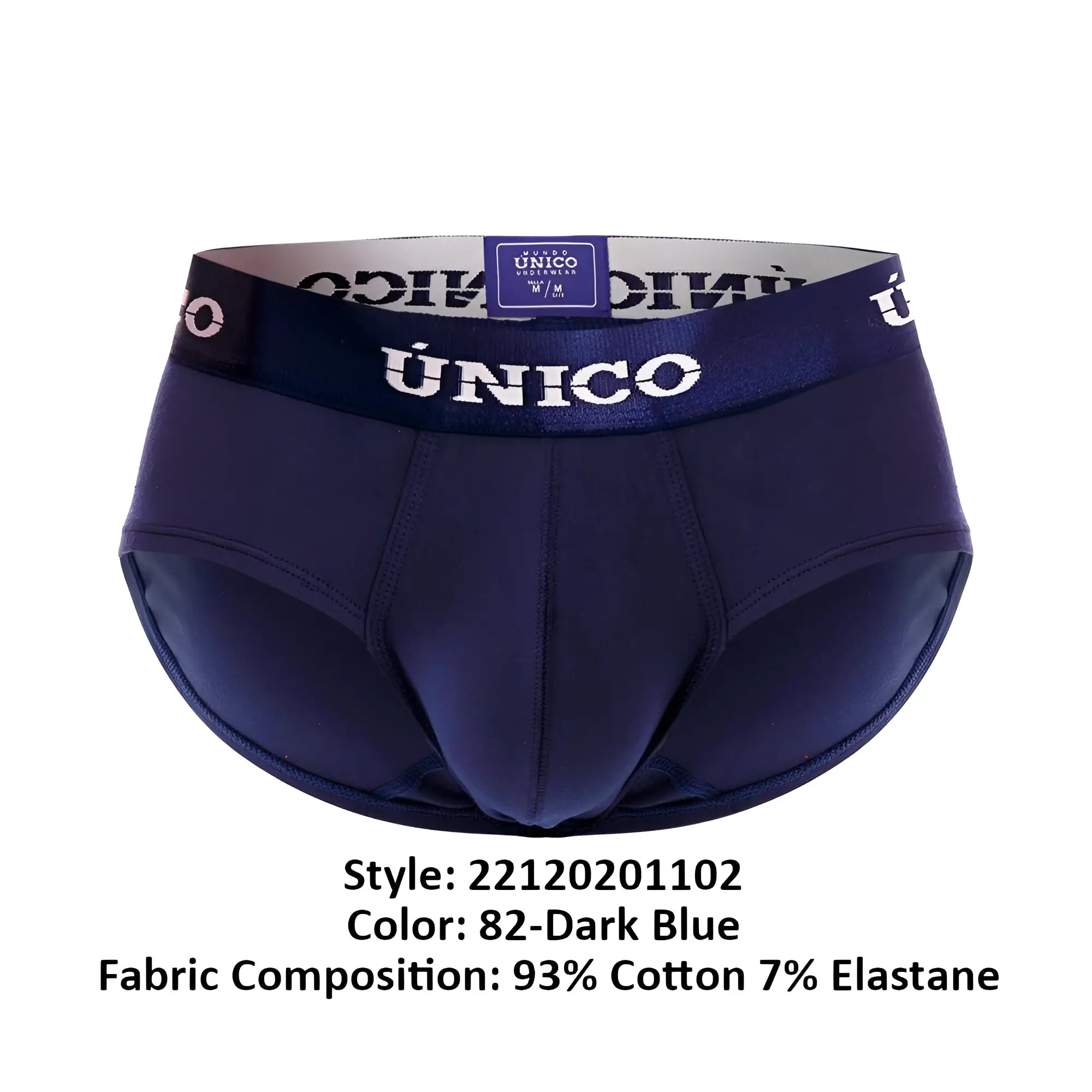 Dark blue unico 22120201102 profundo briefs with satin waistband and white brand name lettering