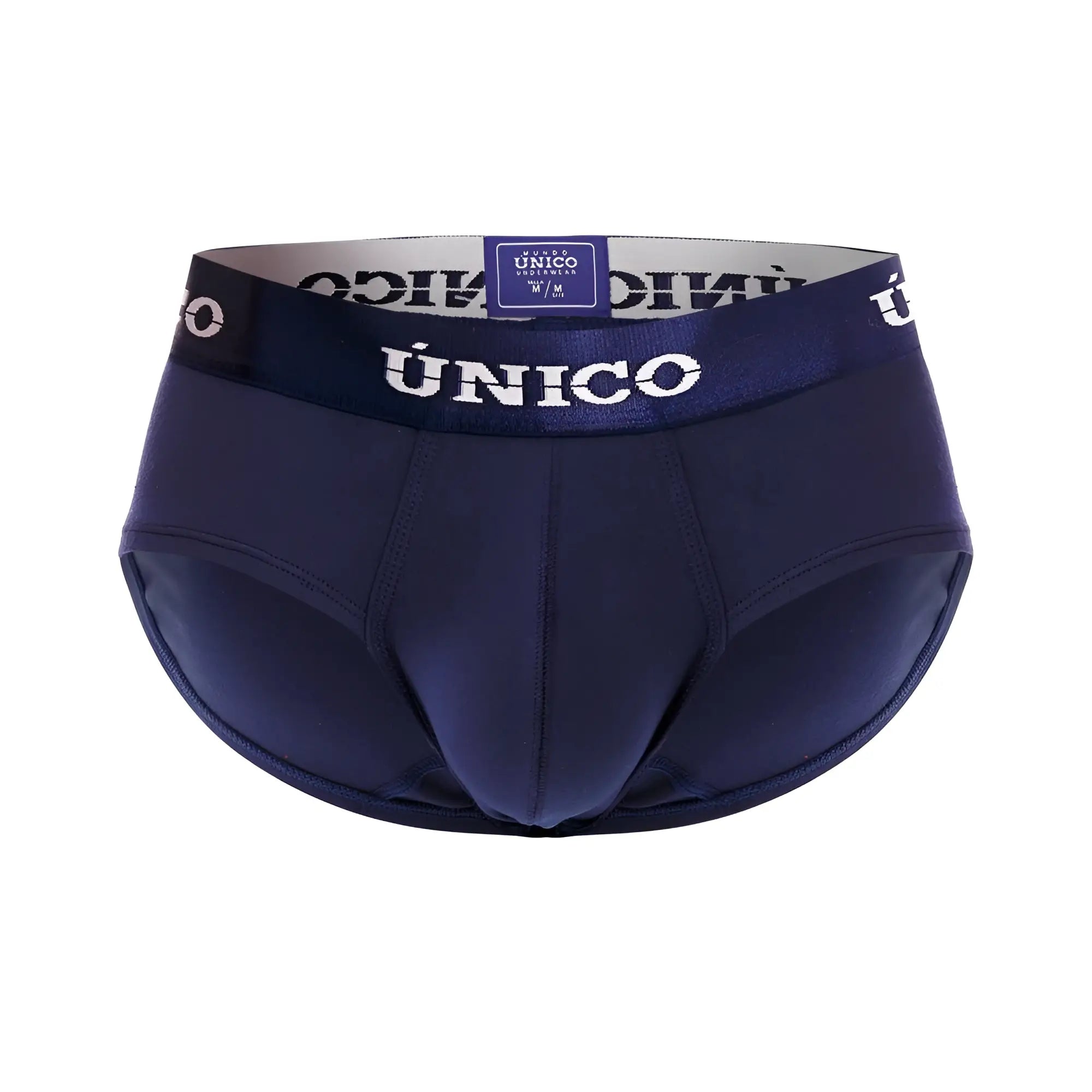 Navy blue único men’s briefs with white logo trim and elastic waistband in the profundo a22 brief style color dark blue