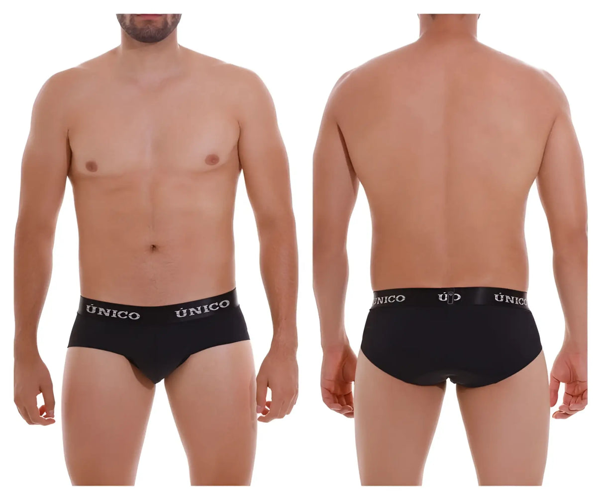 Black unico Intenso A22 briefs with a white logo waistband band in color 99 black showing front view