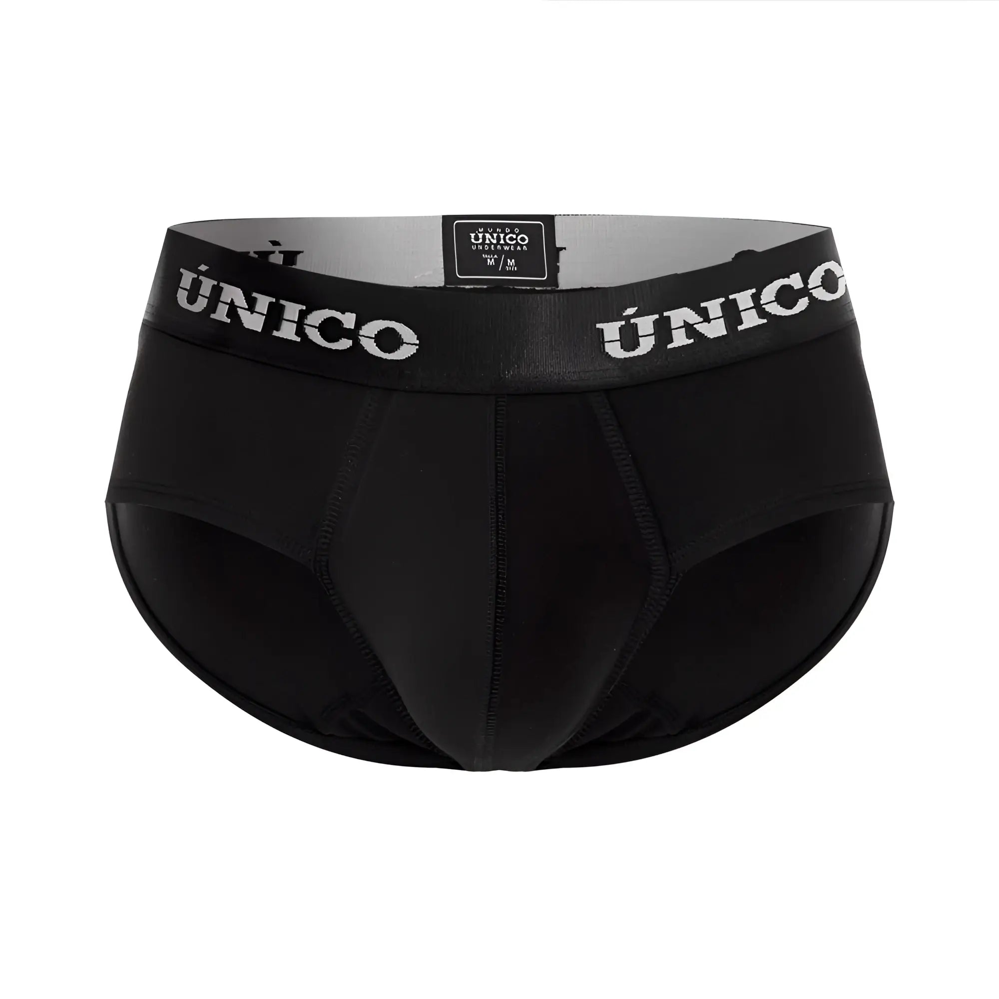 Black unico men’s briefs with white unico branding on waistband in color 99 black from intenso a22 collection