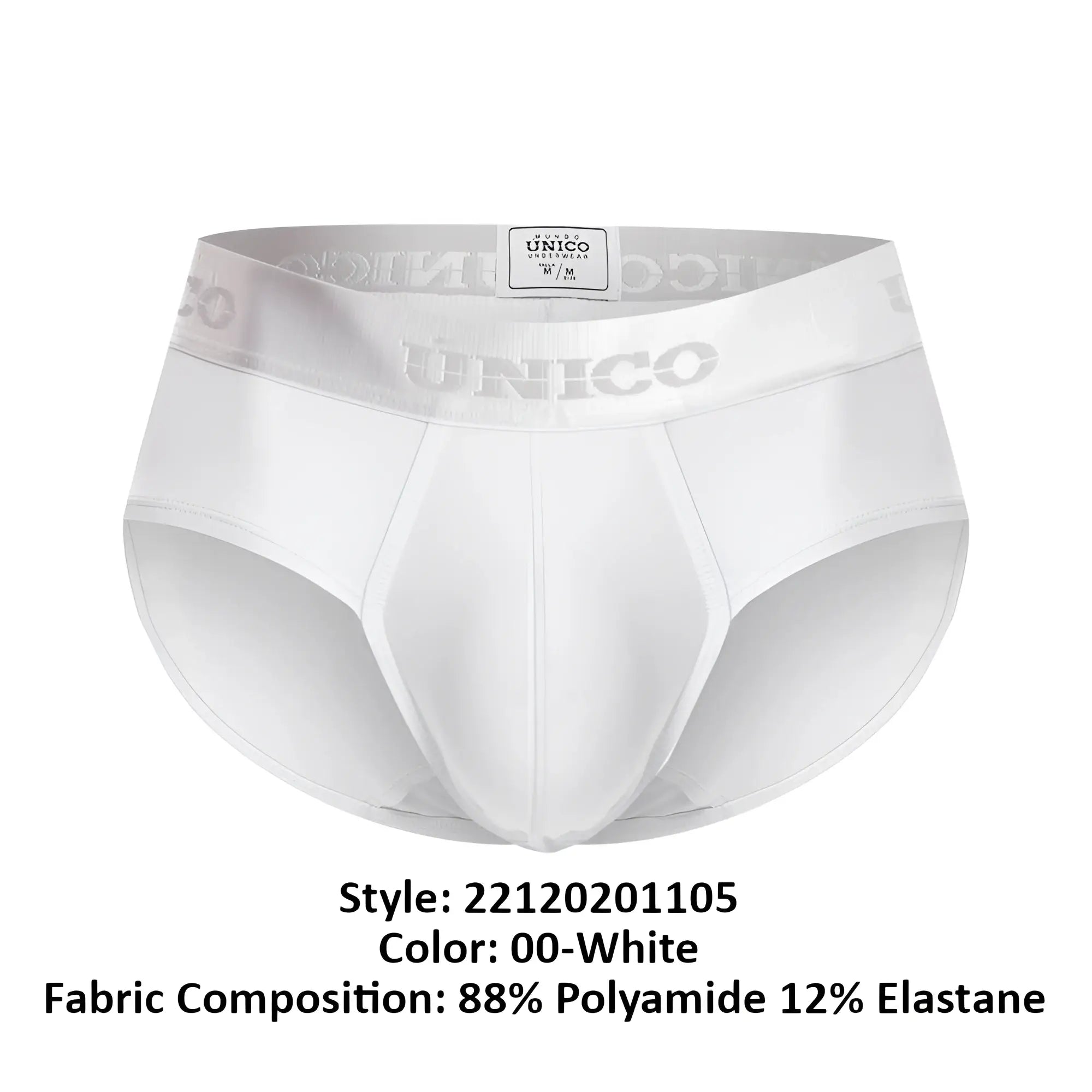 White unico cristailno m22 briefs made of 88% polyamide and 12% elastane with embossed waistband logo