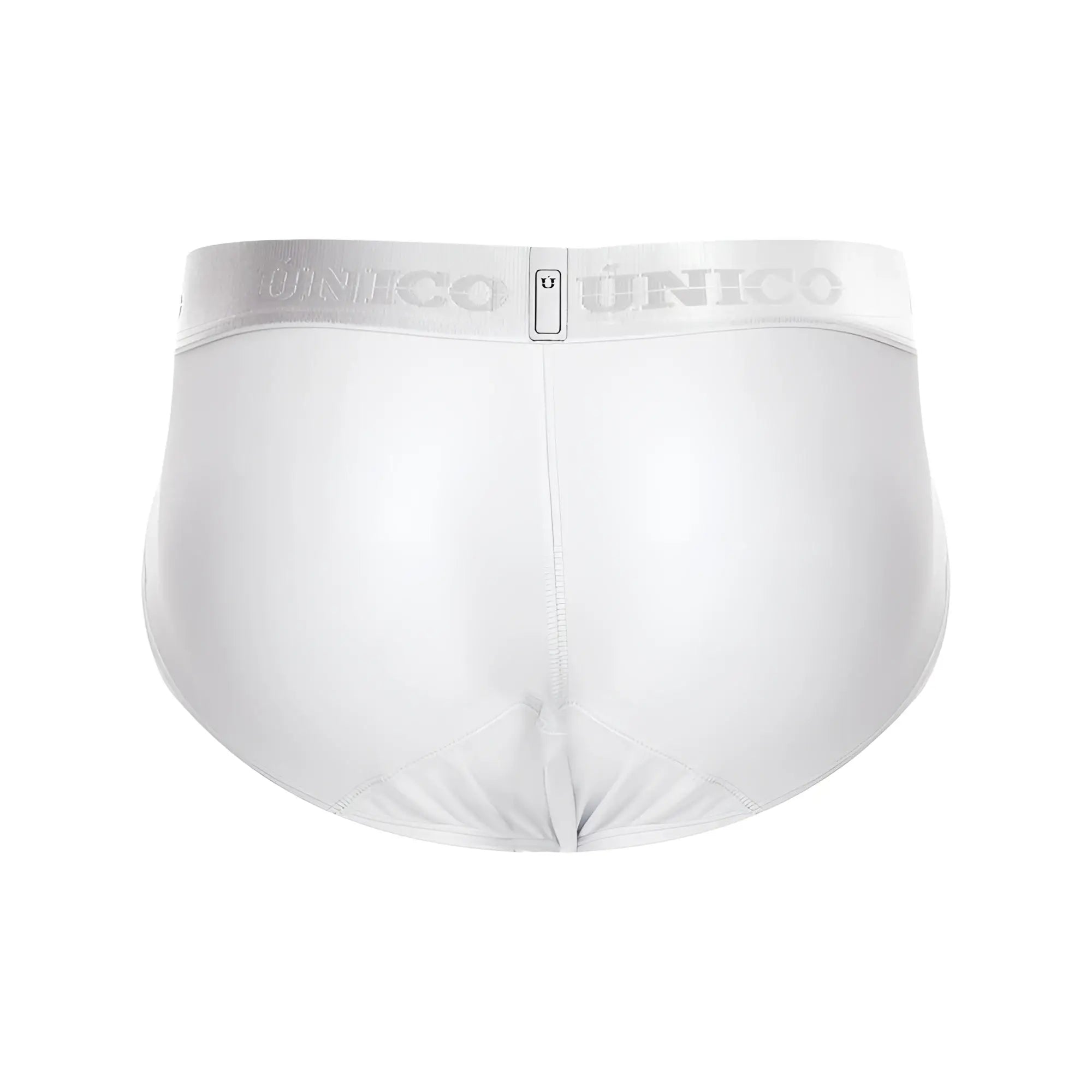 White unico men’s briefs with silver elastic waistband featuring the brand logo model cristalino m22 color white
