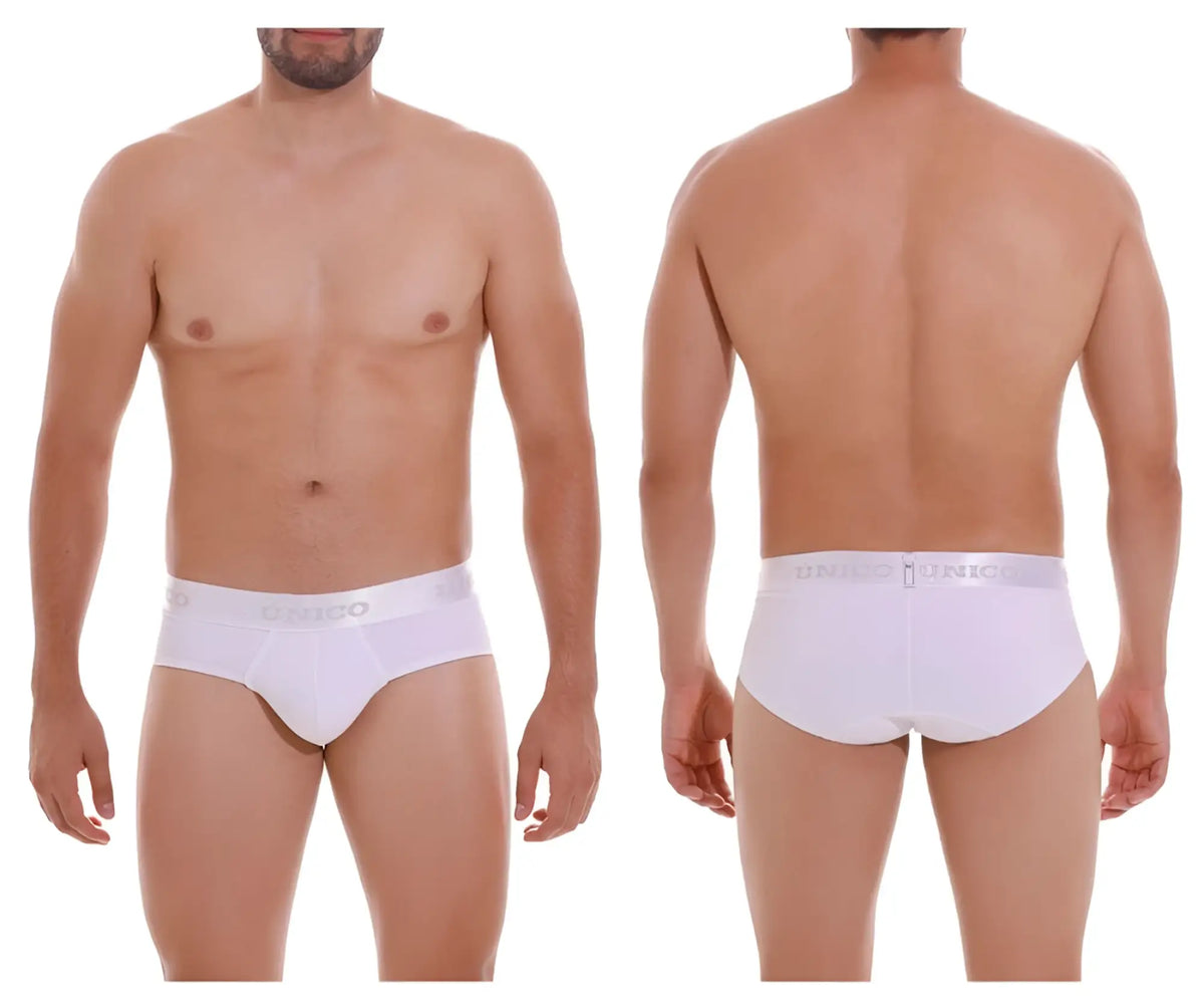 White men’s briefs with a subtle elastic waistband featuring unico branding in gray lettering color white