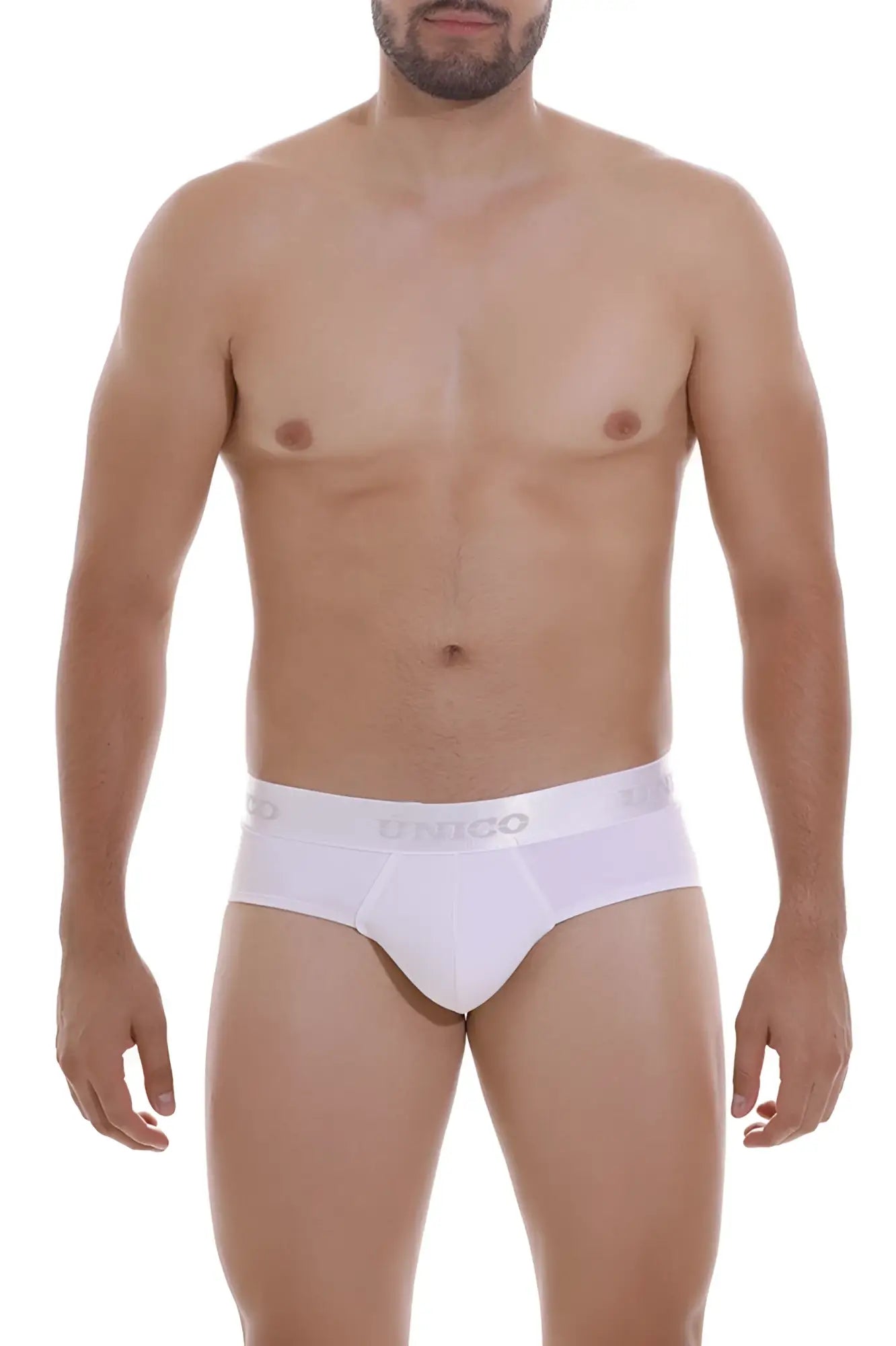 White men’s briefs with a subtle gray unico logo band in color 00 white from unico 22120201105 cristalino m22 collection