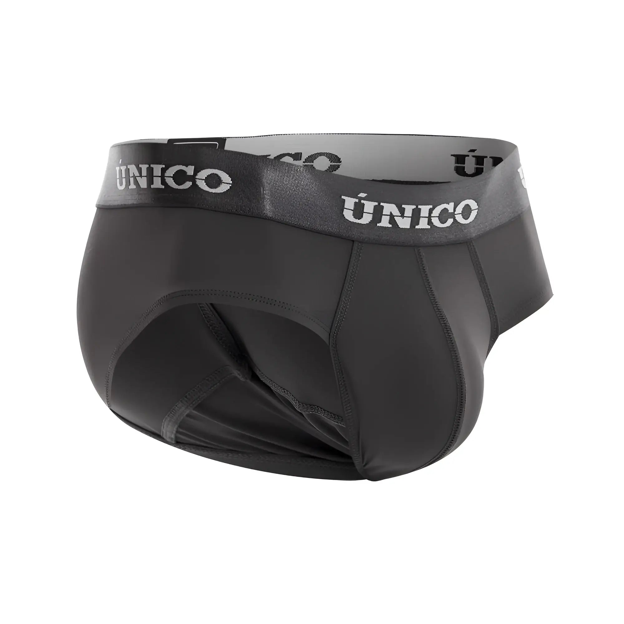 Black unico men’s briefs with gray waistband branded unico in white lettering dark gray color for everyday comfort
