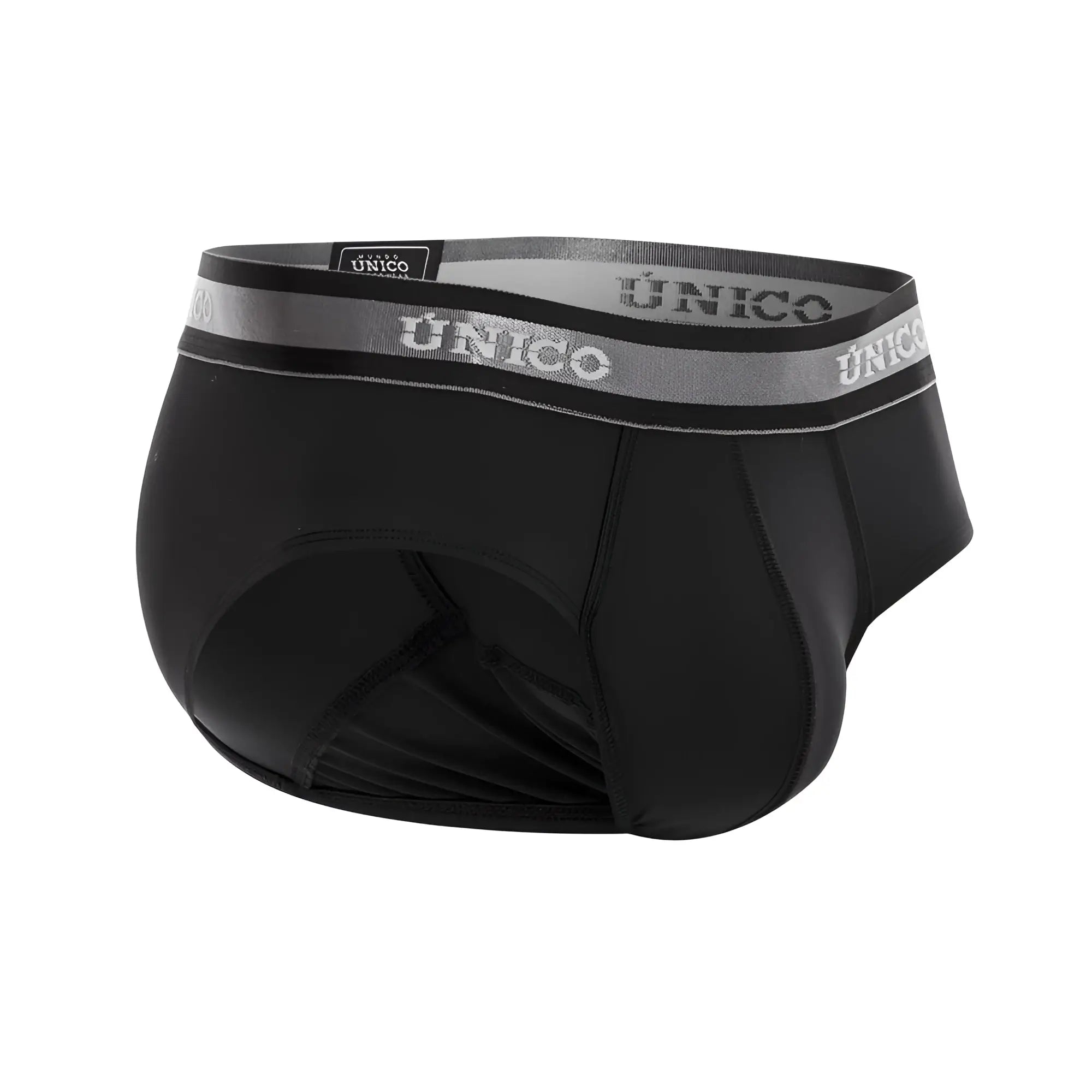 Black unico men’s briefs with gray elastic waistband and white unico branding in color 99-black nebulo briefs