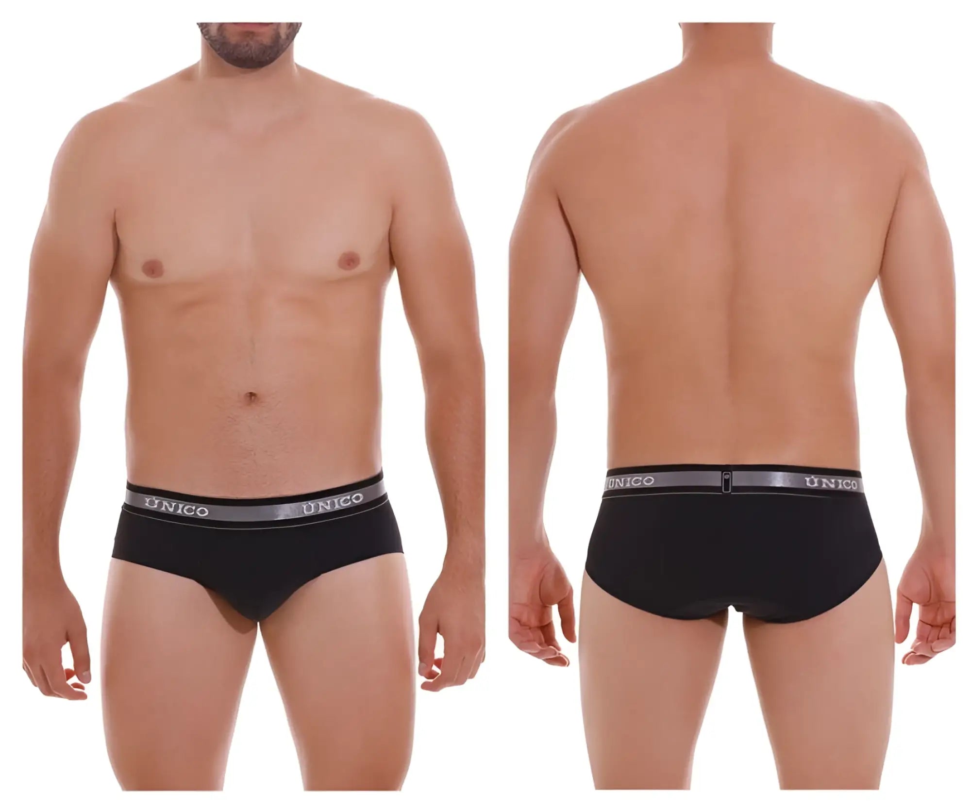 Black unico mens briefs with gray elastic waistband featuring the brand name in white lettering color 99 black